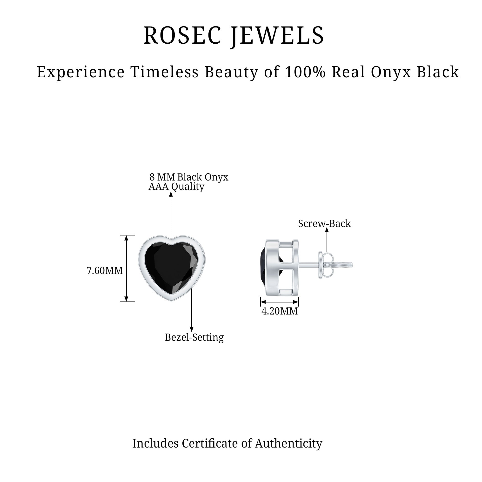 2.5 CT Bezel Set Heart Cut Black Onyx Solitaire Stud Earring Black Onyx - ( AAA ) - Quality - Rosec Jewels