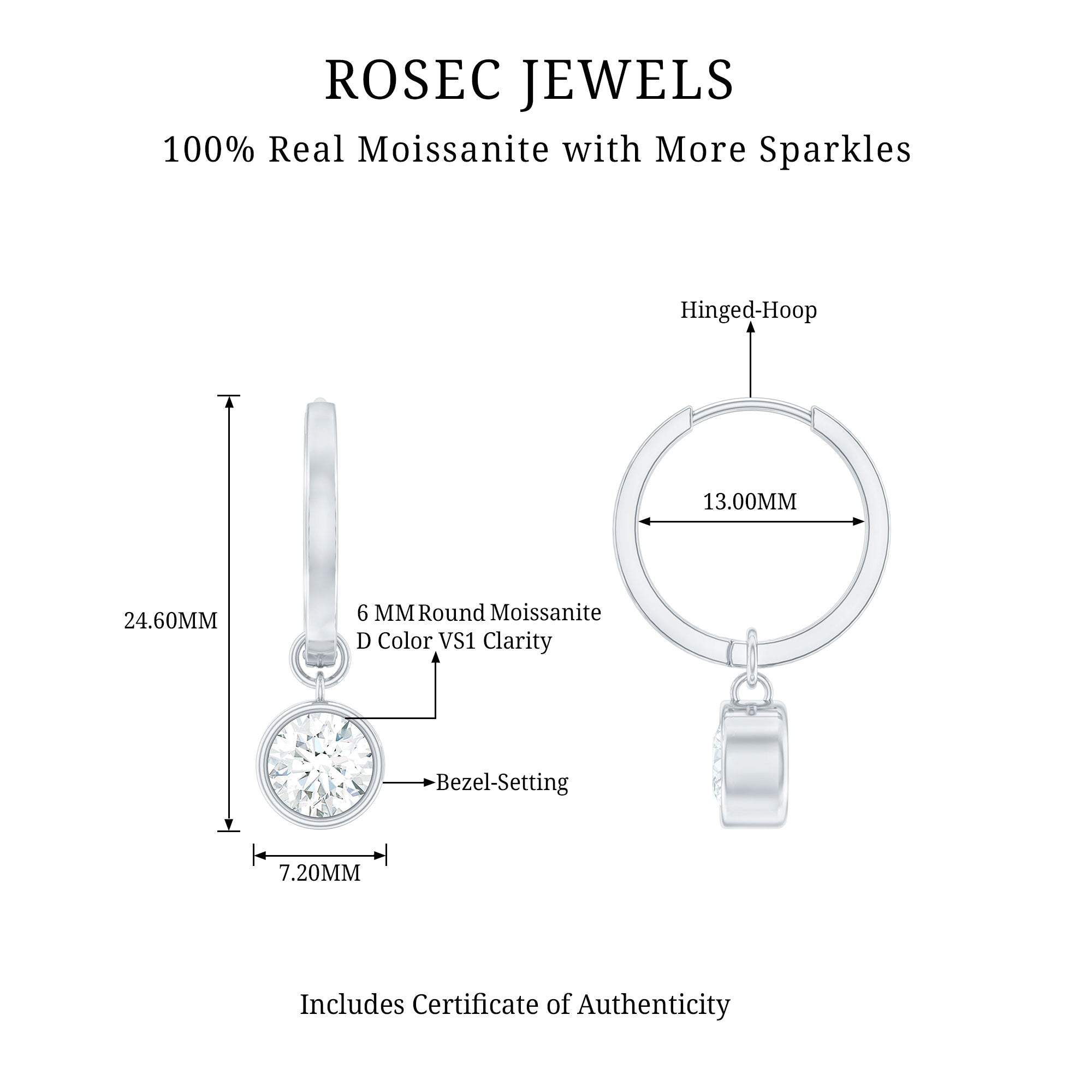 Rosec Jewels-Bezel Set Moissanite and Hinged Hoop Earrings