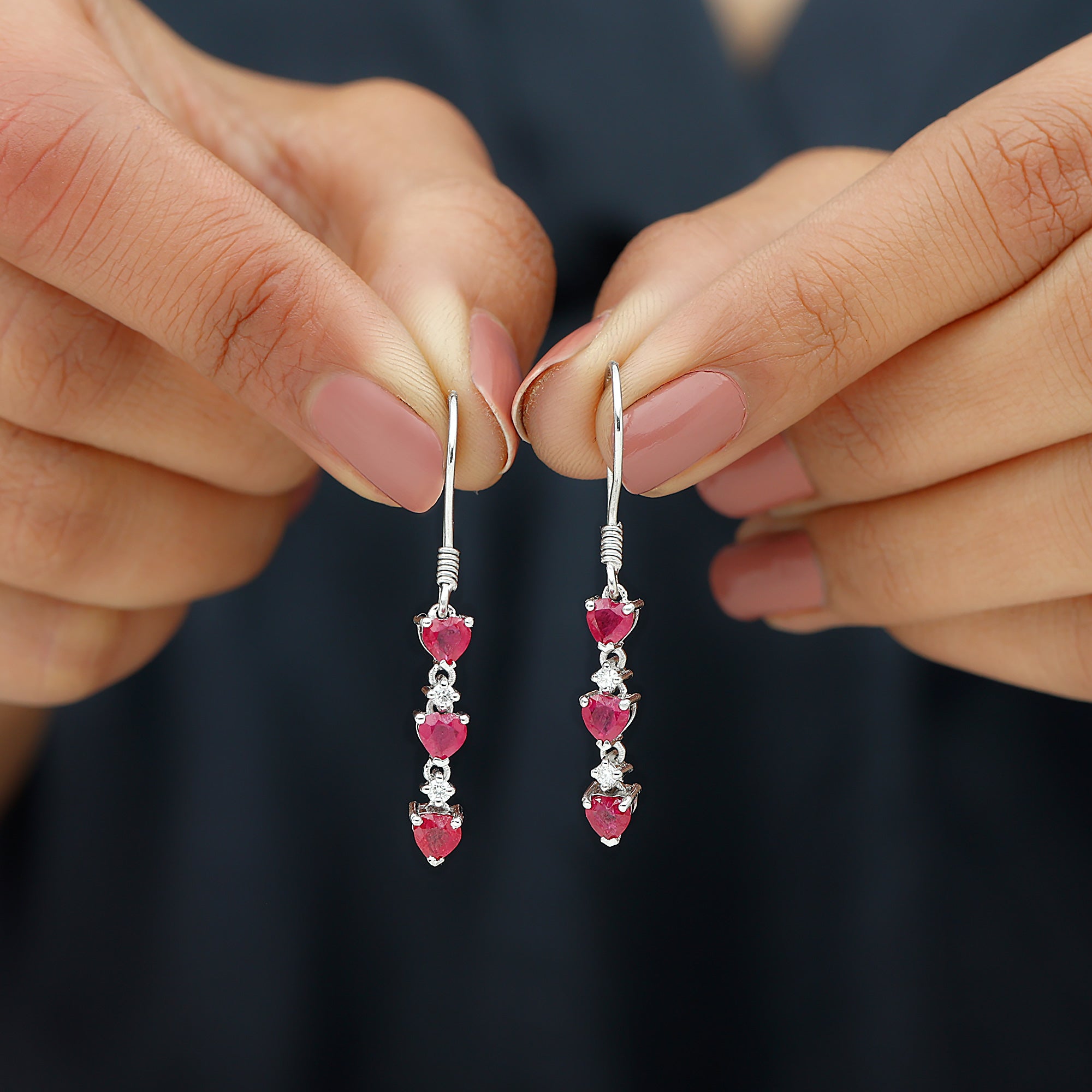 Rosec Jewels-3 Heart Lab Grown Ruby Dangle Earrings with Moissanite