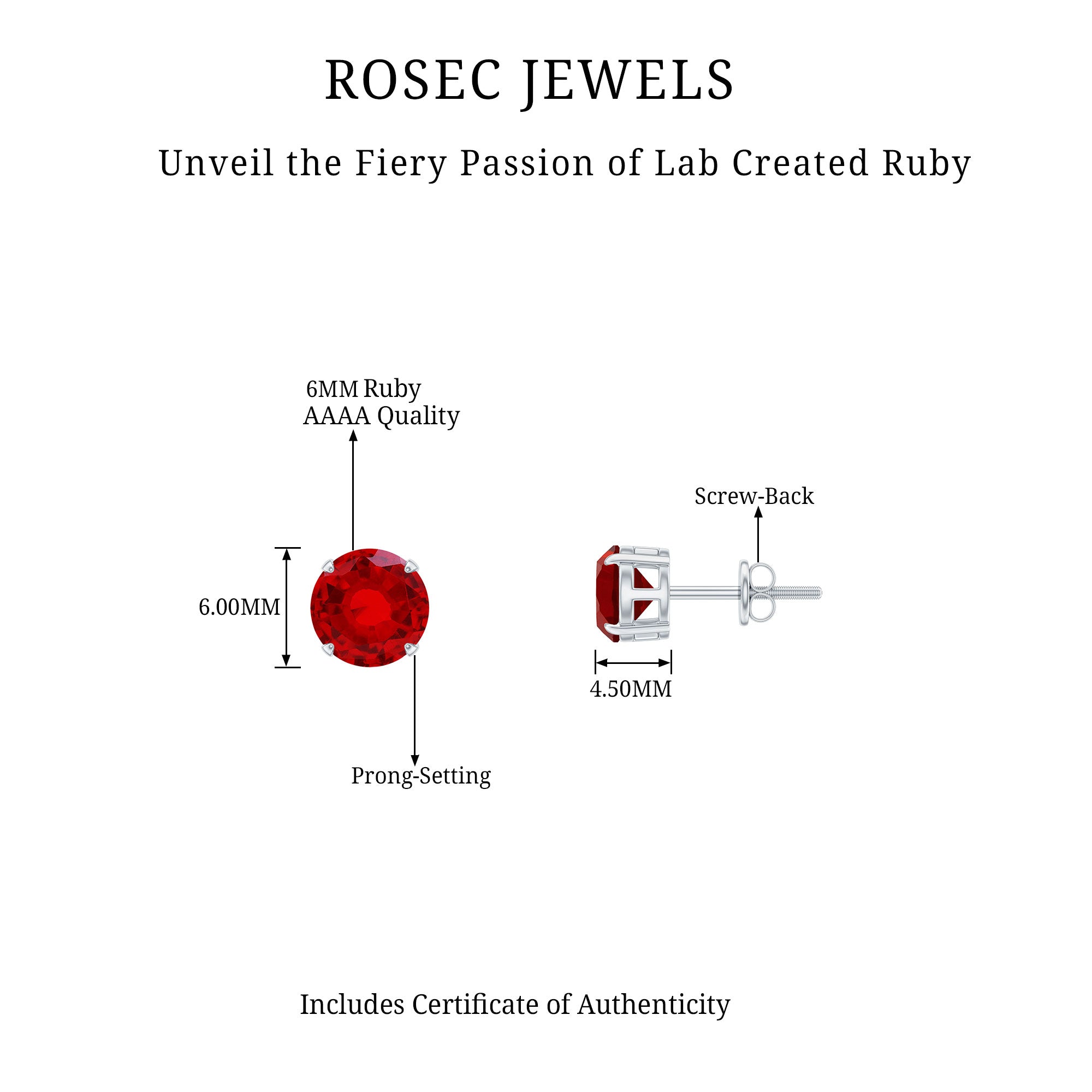 6 MM Round Cut Solitaire Lab Created Ruby Silver Stud Earring for women - Rosec Jewels