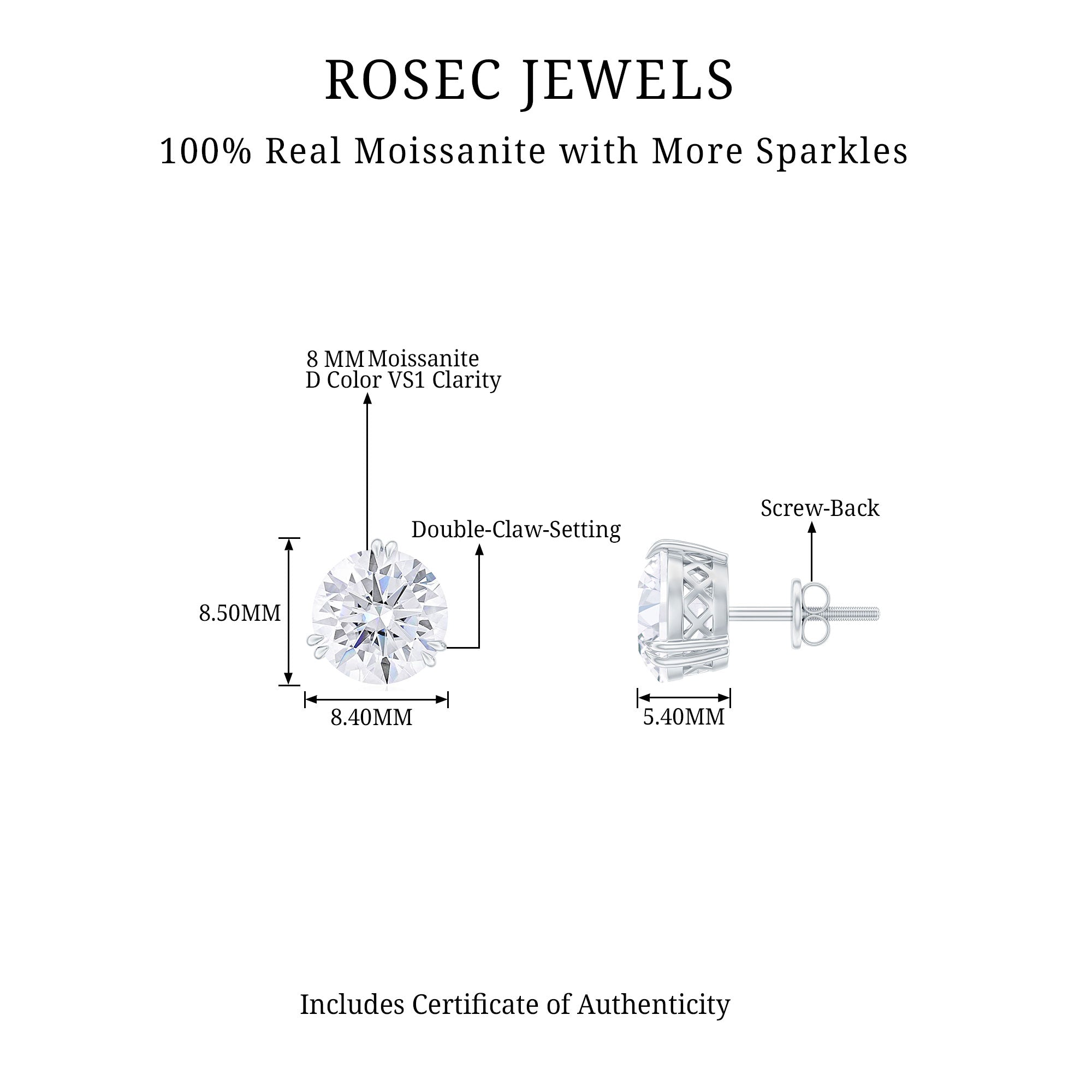 4 CT Round Shape Moissanite Solitaire Stud Earrings in 3 Double Claw Prong Setting Moissanite - ( D-VS1 ) - Color and Clarity - Rosec Jewels