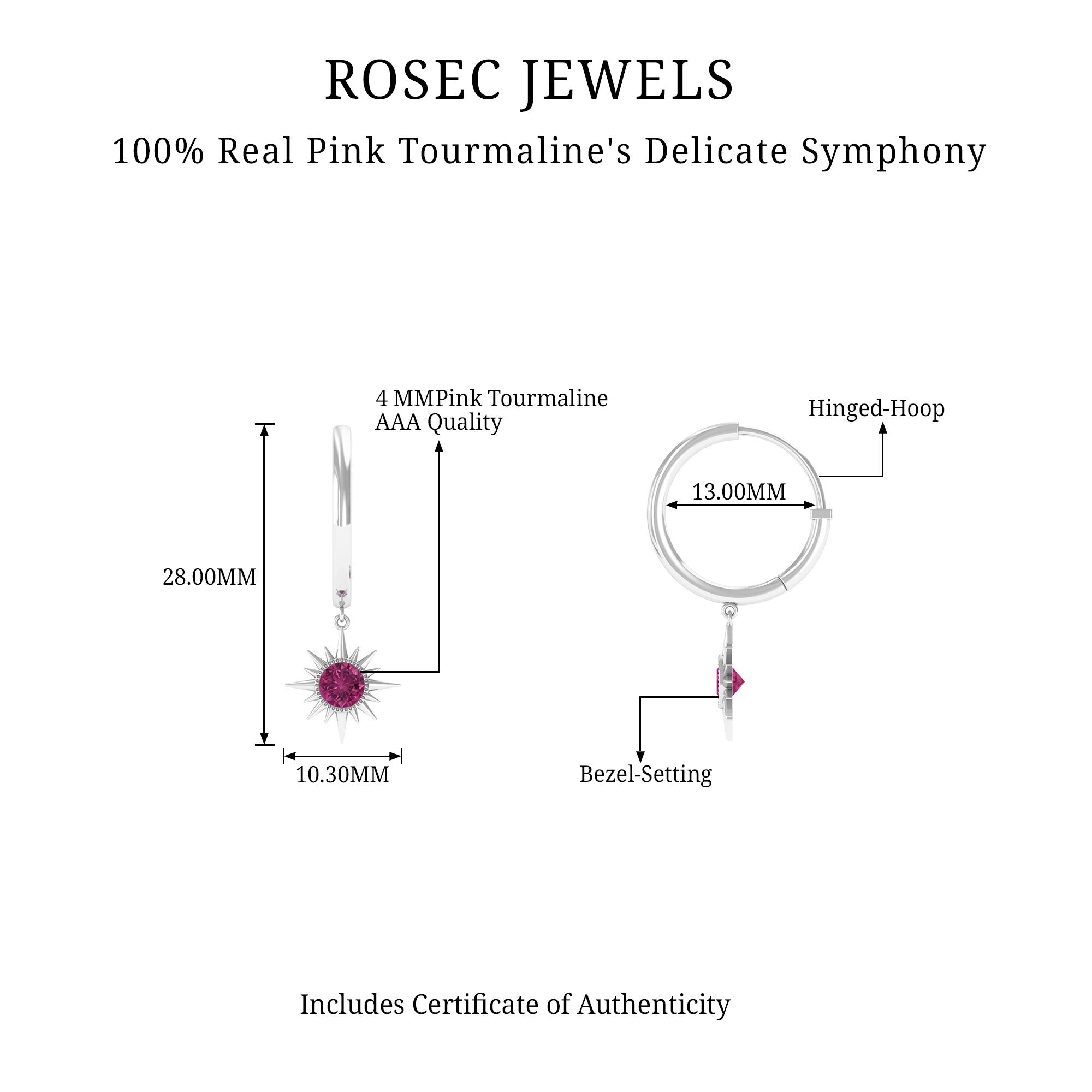 4 MM Round Shape Pink Tourmaline and Silver Sunburst Hoop Drop Earrings For Women - Rosec Jewels