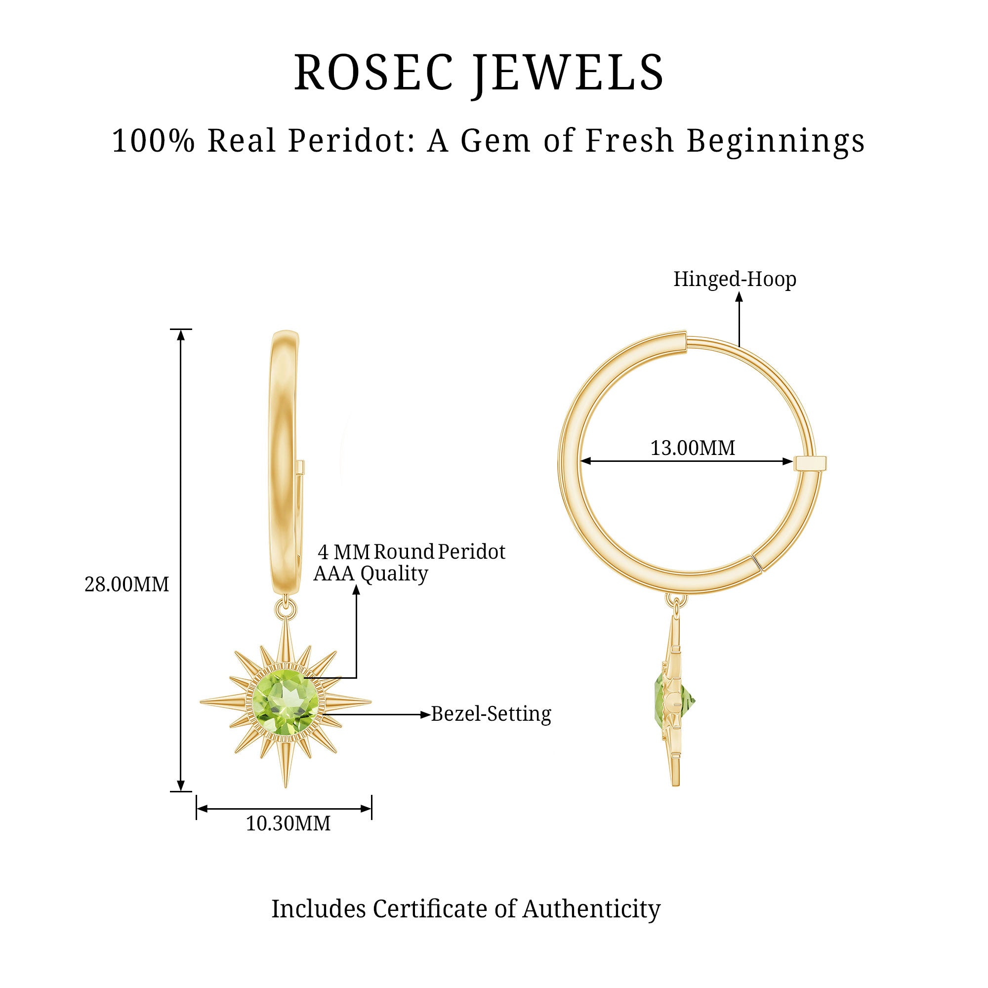 4 MM Round Shape Peridot and Gold Sunburst Hoop Drop Earrings For Women Peridot - ( AAA ) - Quality - Rosec Jewels