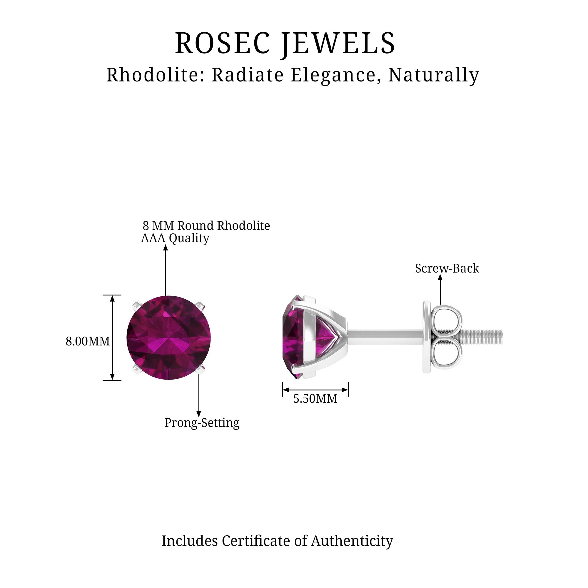 Round Rhodolite Solitaire Stud Earrings in Square Prong Setting Rhodolite - ( AAA ) - Quality - Rosec Jewels