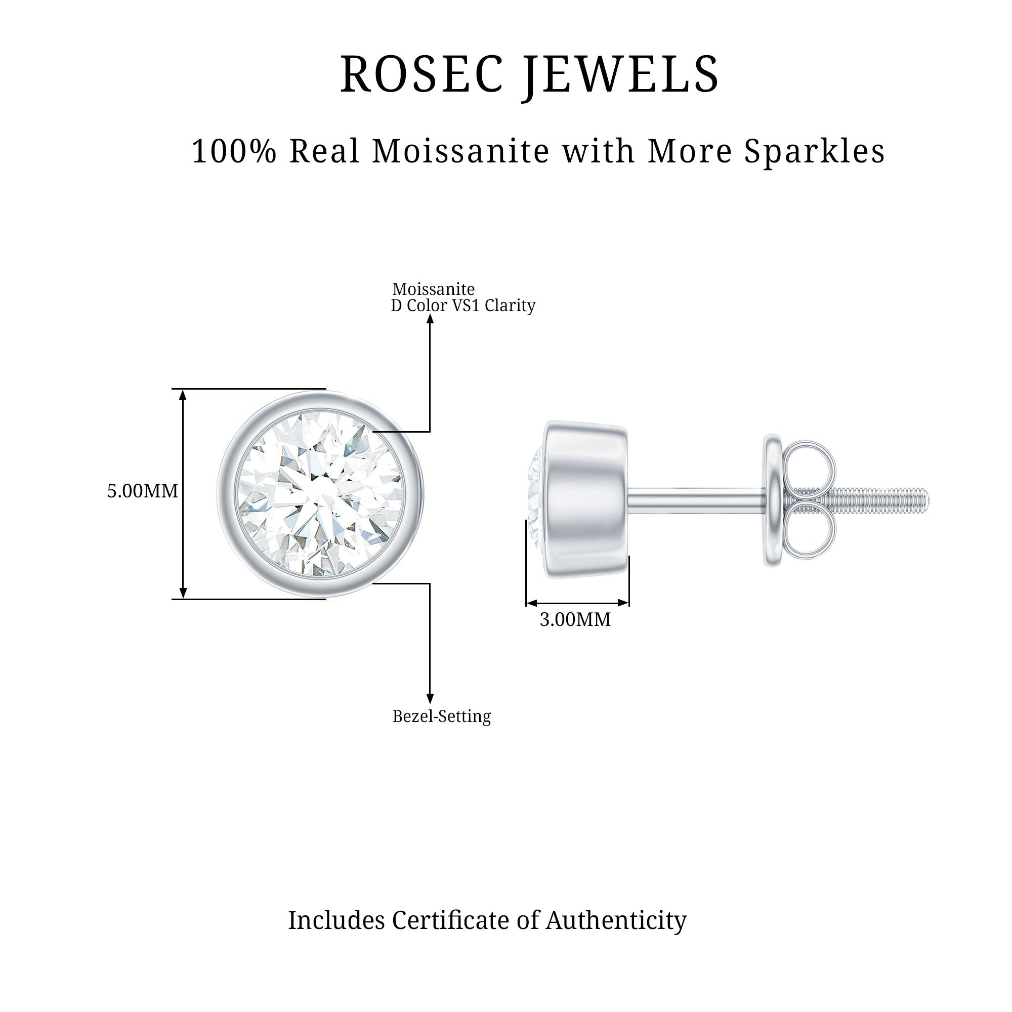 Certified Moissanite Solitaire Silver Stud Earrings in Bezel Setting Moissanite - ( D-VS1 ) - Color and Clarity 92.5 Sterling Silver - Rosec Jewels