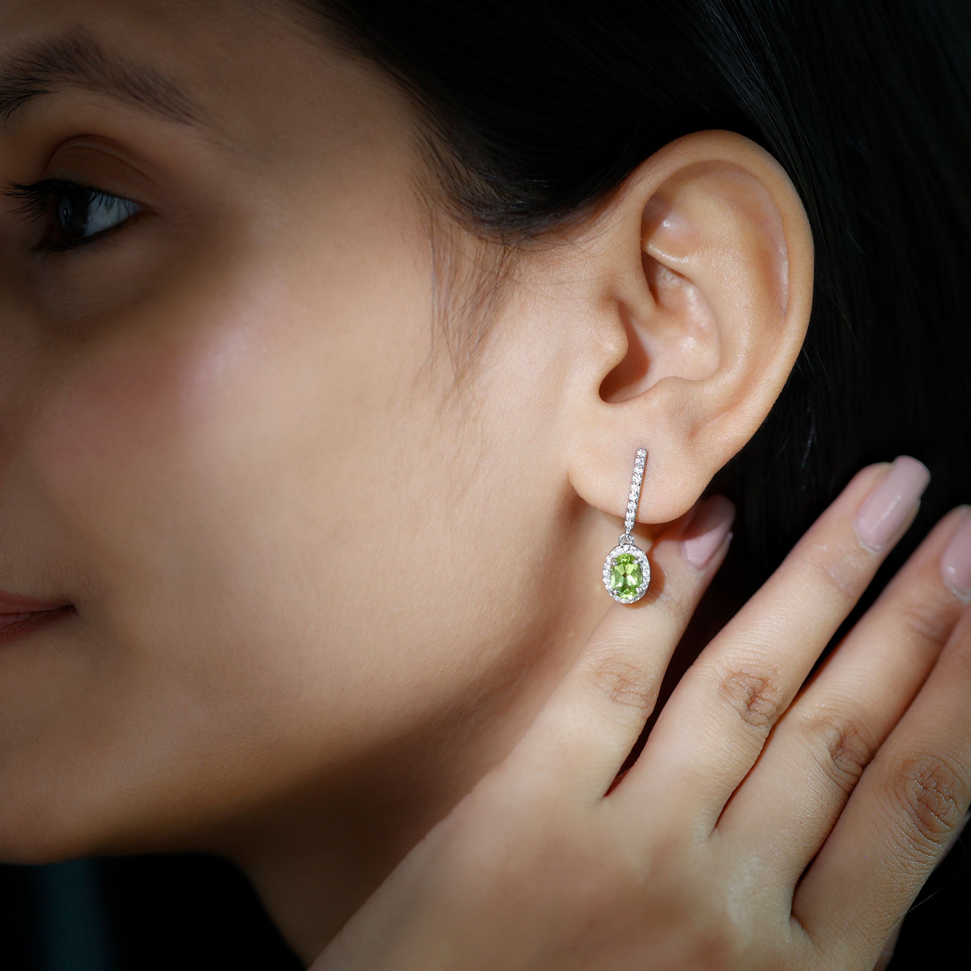 2 CT Claw Set Peridot and Moissanite Drop Hoop Earrings in Silver Peridot - ( AAA ) - Quality 92.5 Sterling Silver - Rosec Jewels