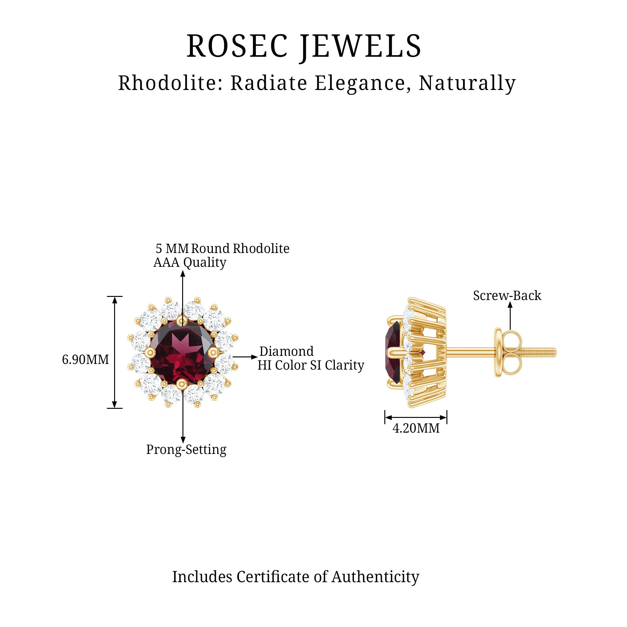 1 CT Round Rhodolite and Diamond Halo Stud Earrings Rhodolite - ( AAA ) - Quality - Rosec Jewels