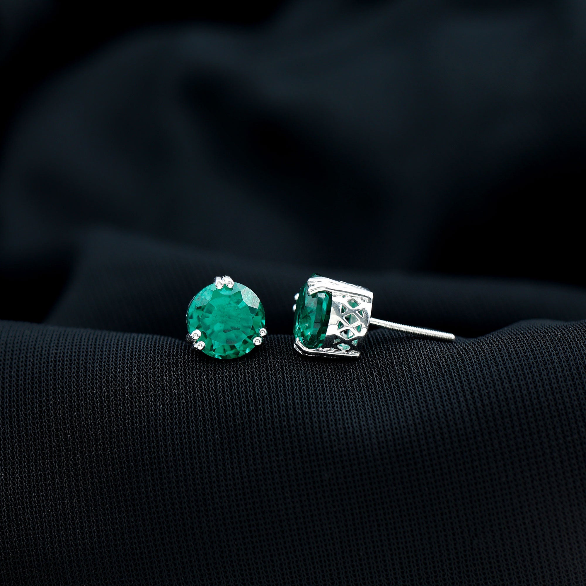 8 MM Created Emerald Solitaire Silver Stud Earrings in Double Claw Setting Lab Created Emerald - ( AAAA ) - Quality 92.5 Sterling Silver - Rosec Jewels