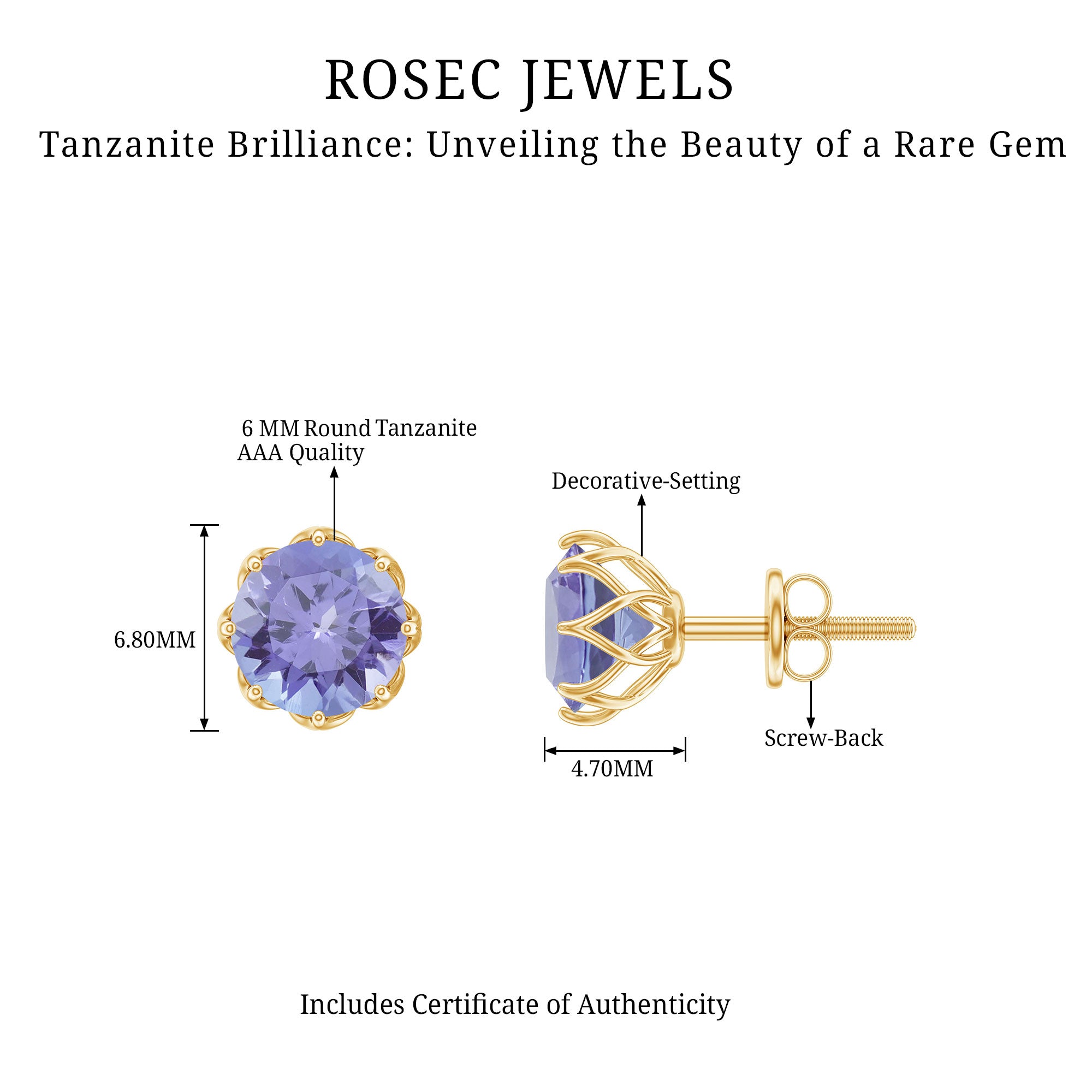 6 MM Decorative Tanzanite Solitaire Stud Earrings Tanzanite - ( AAA ) - Quality - Rosec Jewels