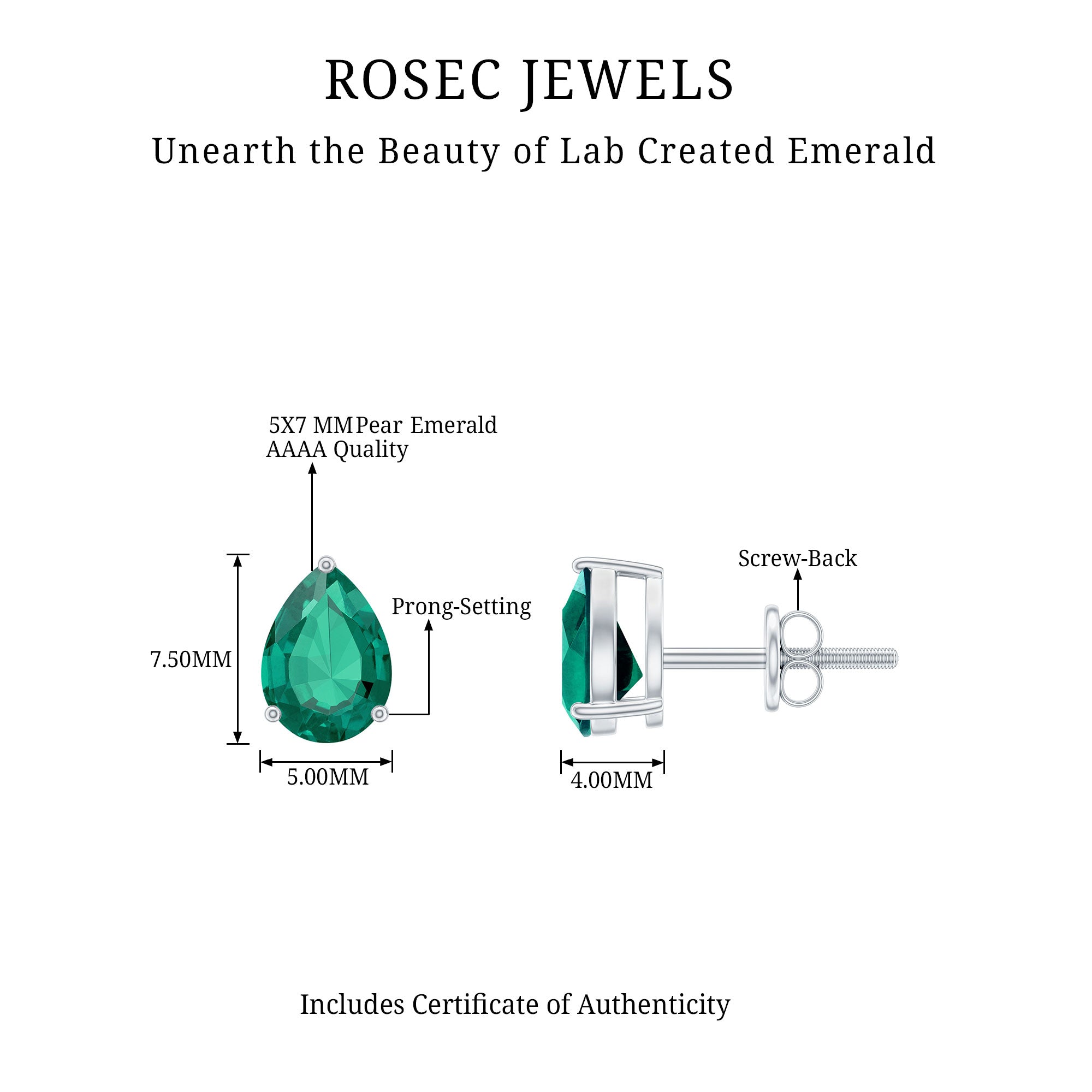 Pear Cut Lab Grown Emerald Solitaire Stud Earrings in 3 Prong Setting Lab Created Emerald - ( AAAA ) - Quality - Rosec Jewels