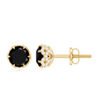 Lotus Basket Set Black Onyx Solitaire Stud Earrings with Diamond Accent Black Onyx - ( AAA ) - Quality - Rosec Jewels