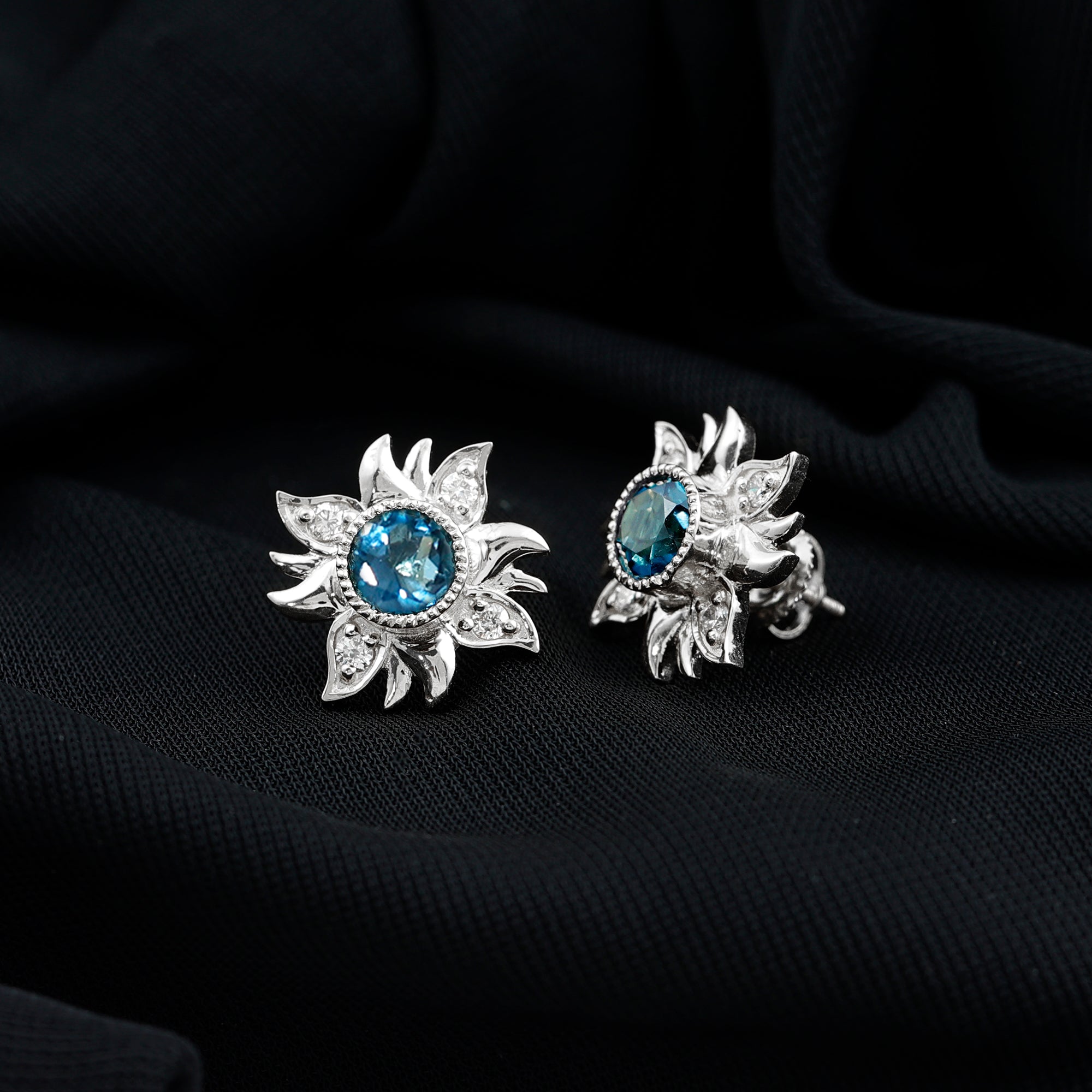 Rosec Jewels-London Blue Topaz and Diamond Flower Stud Earrings