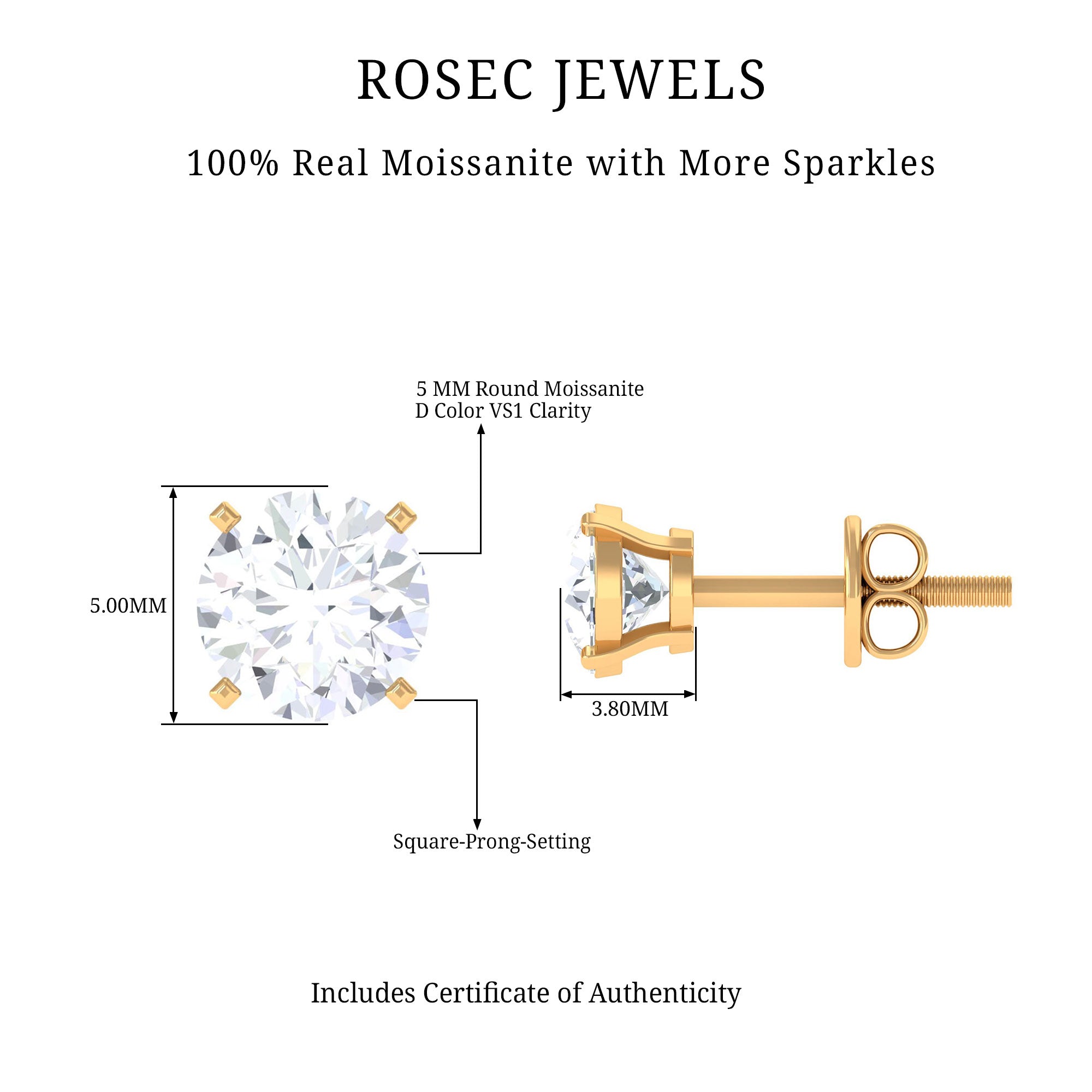 Round Shape Moissanite Solitaire Stud Earrings Moissanite - ( D-VS1 ) - Color and Clarity - Rosec Jewels