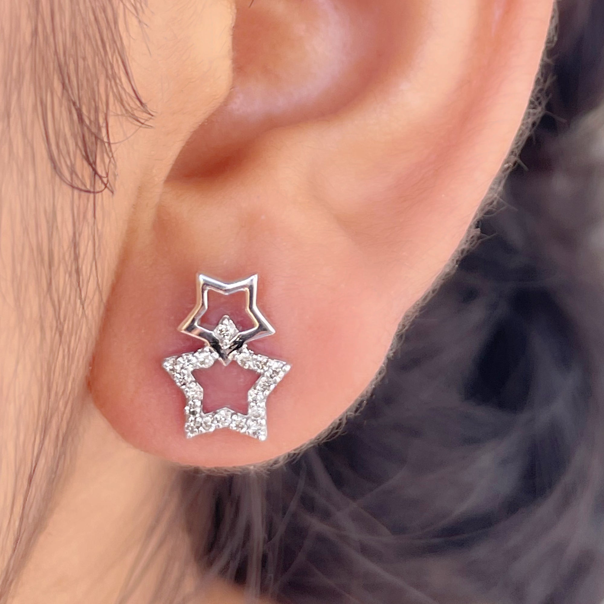 Double Star Stud Earrings with Diamond Diamond - ( HI-SI ) - Color and Clarity - Rosec Jewels