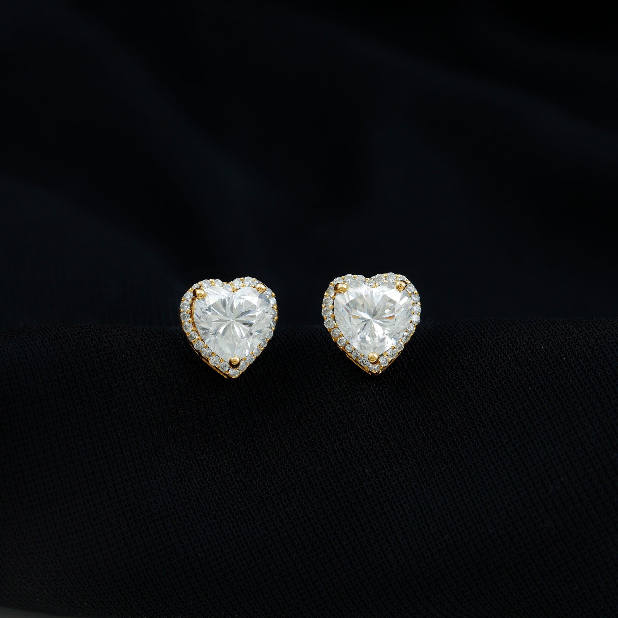 Elegant Heart Shape Moissanite Stud Earrings with Halo in Gold Moissanite - ( D-VS1 ) - Color and Clarity - Rosec Jewels