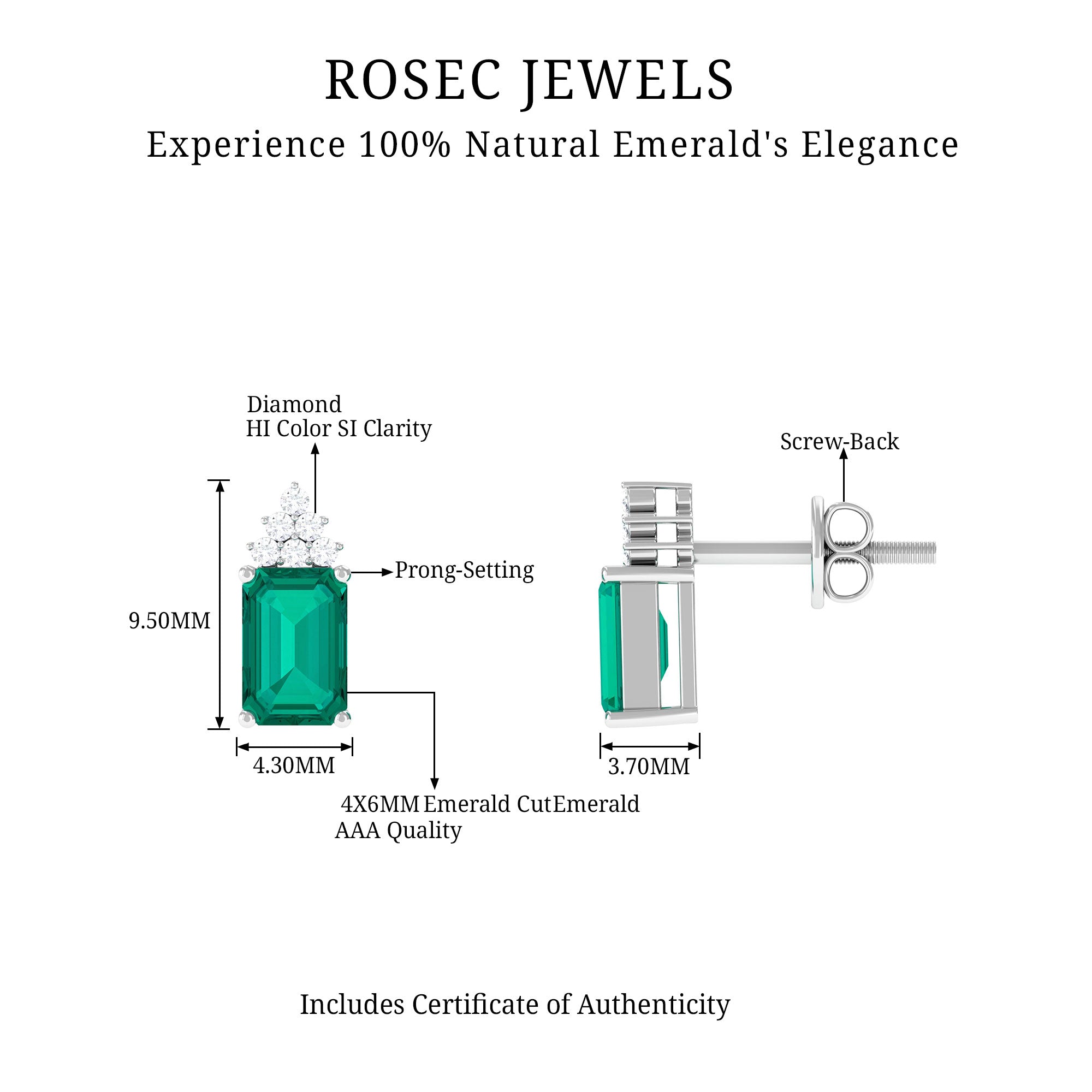 1.50 CT Octagon Cut Emerald Stud Earrings with Diamond Accent Emerald - ( AAA ) - Quality - Rosec Jewels