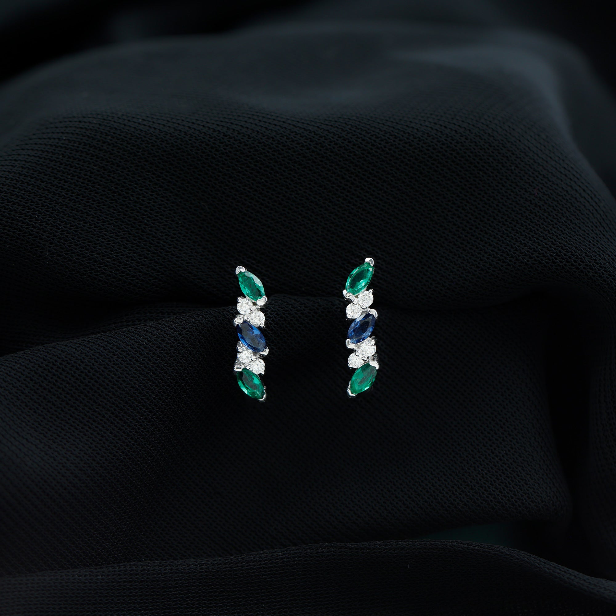 Marquise Cut Created Blue Sapphire and Emerald Silver J Hoop Earrings with Moissanite - Rosec Jewels