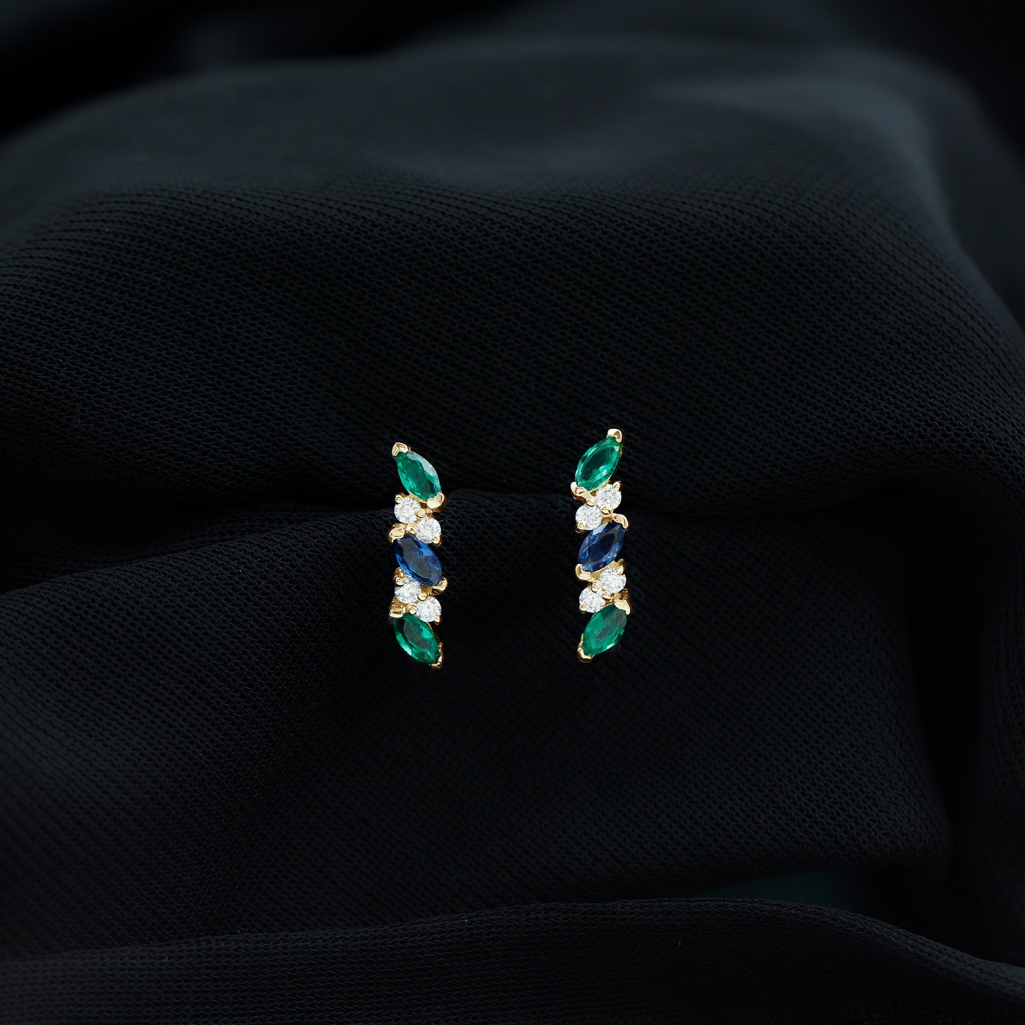 Marquise Cut Created Blue Sapphire and Emerald J Hoop Earrings with Moissanite Lab Created Blue Sapphire - ( AAAA ) - Quality - Rosec Jewels