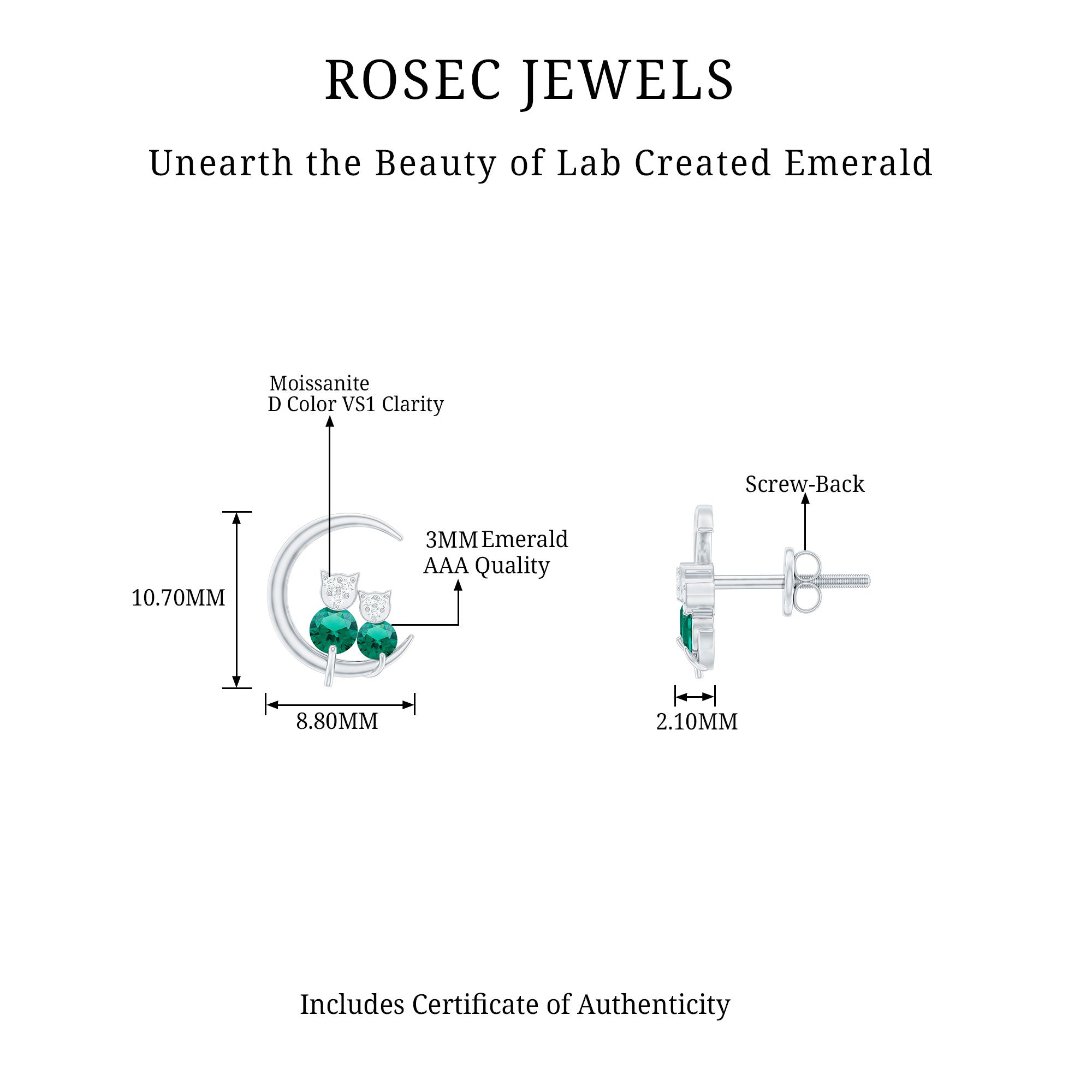 Lab-Created Emerald and Moissanite Cat and Moon Silver Stud Earrings Lab Created Emerald - ( AAAA ) - Quality 92.5 Sterling Silver - Rosec Jewels