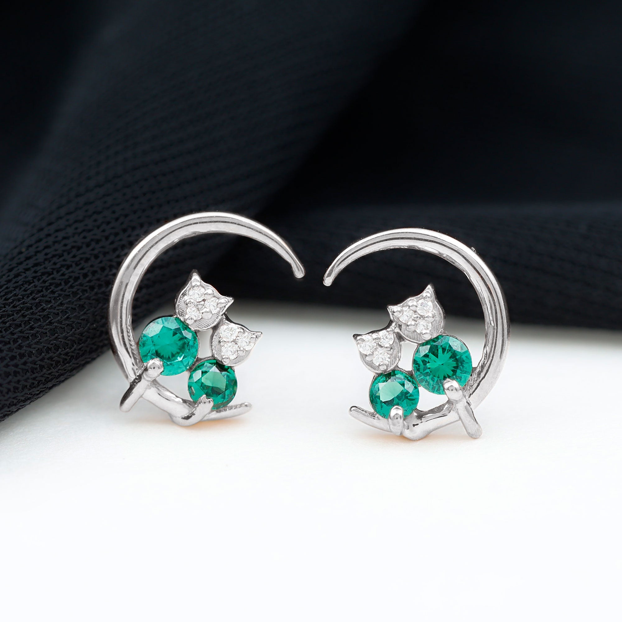 Lab-Created Emerald and Moissanite Cat and Moon Silver Stud Earrings Lab Created Emerald - ( AAAA ) - Quality 92.5 Sterling Silver - Rosec Jewels