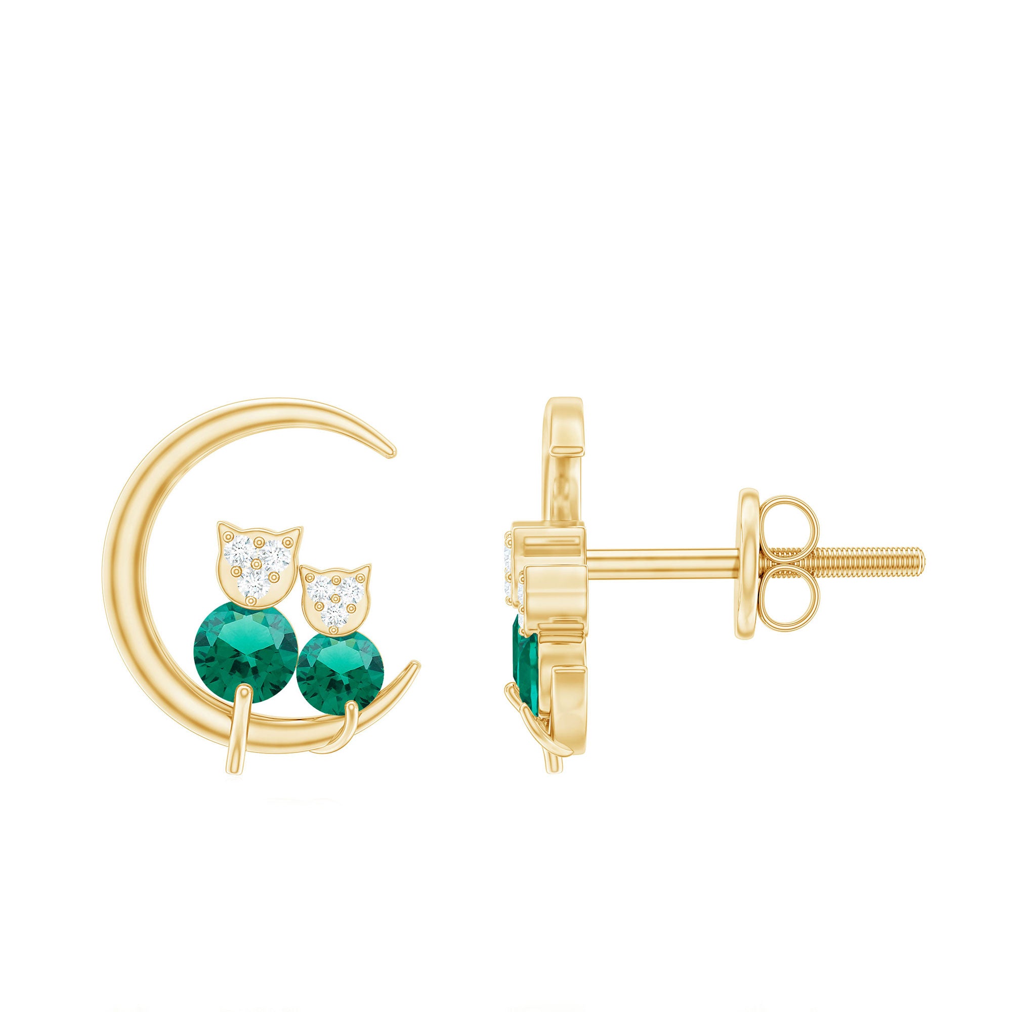 Rosec Jewels-Lab-Created Emerald and Moissanite Cat and Moon Stud Earrings