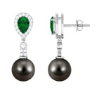 Tahitian Pearl and Created Emerald Drop Earrings with Moissanite Lab Created Emerald - ( AAAA ) - Quality - Rosec Jewels