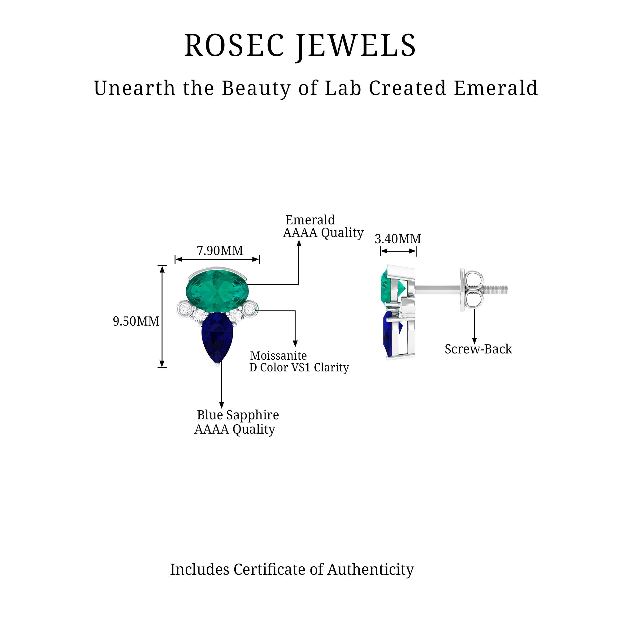 Created Emerald and Created Blue Sapphire Silver Cluster Stud Earring with Moissanite Lab Created Blue Sapphire - ( AAAA ) - Quality 92.5 Sterling Silver - Rosec Jewels