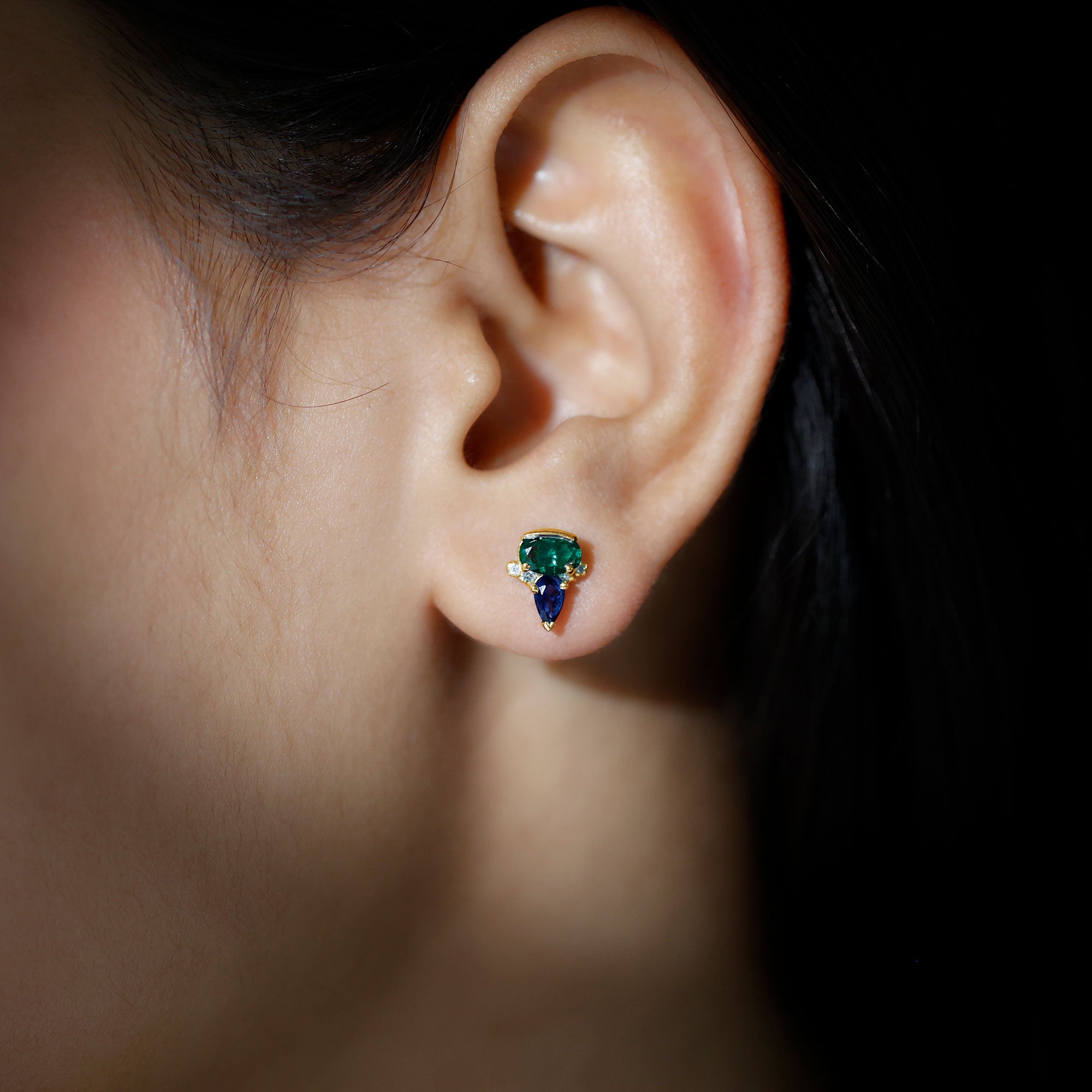 Created Emerald and Created Blue Sapphire Cluster Stud Earring with Moissanite Lab Created Blue Sapphire - ( AAAA ) - Quality - Rosec Jewels