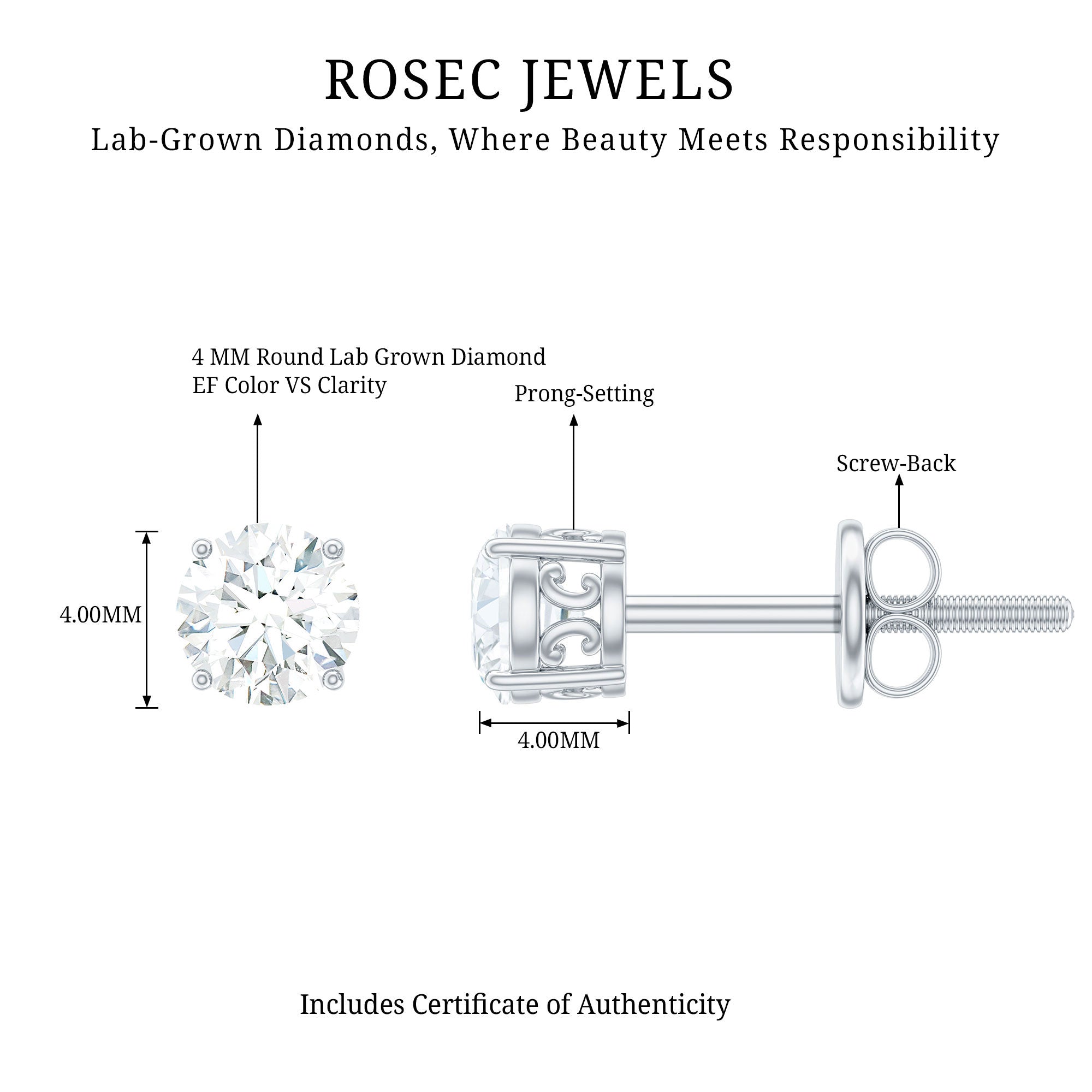 Rosec Jewels-Certified Lab Grown Diamond 4 Prong Stud Earrings