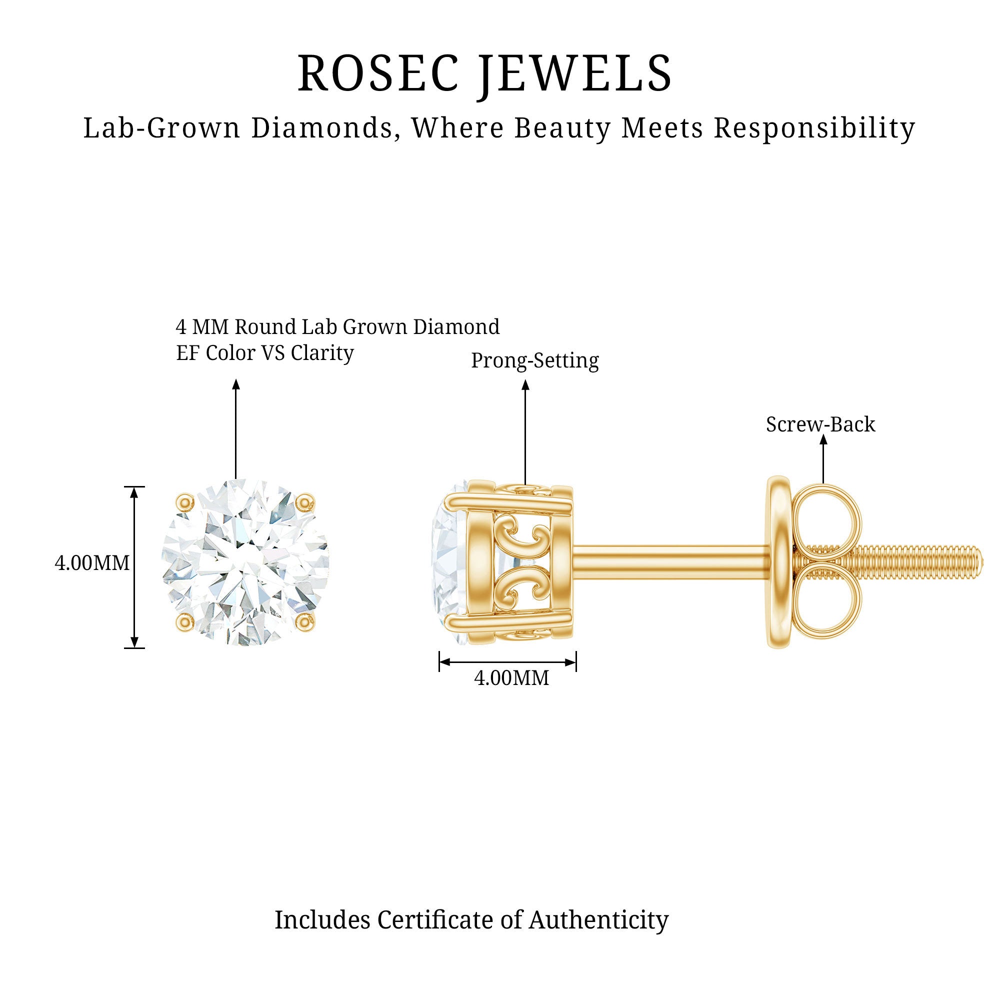 Rosec Jewels-Certified Lab Grown Diamond 4 Prong Stud Earrings