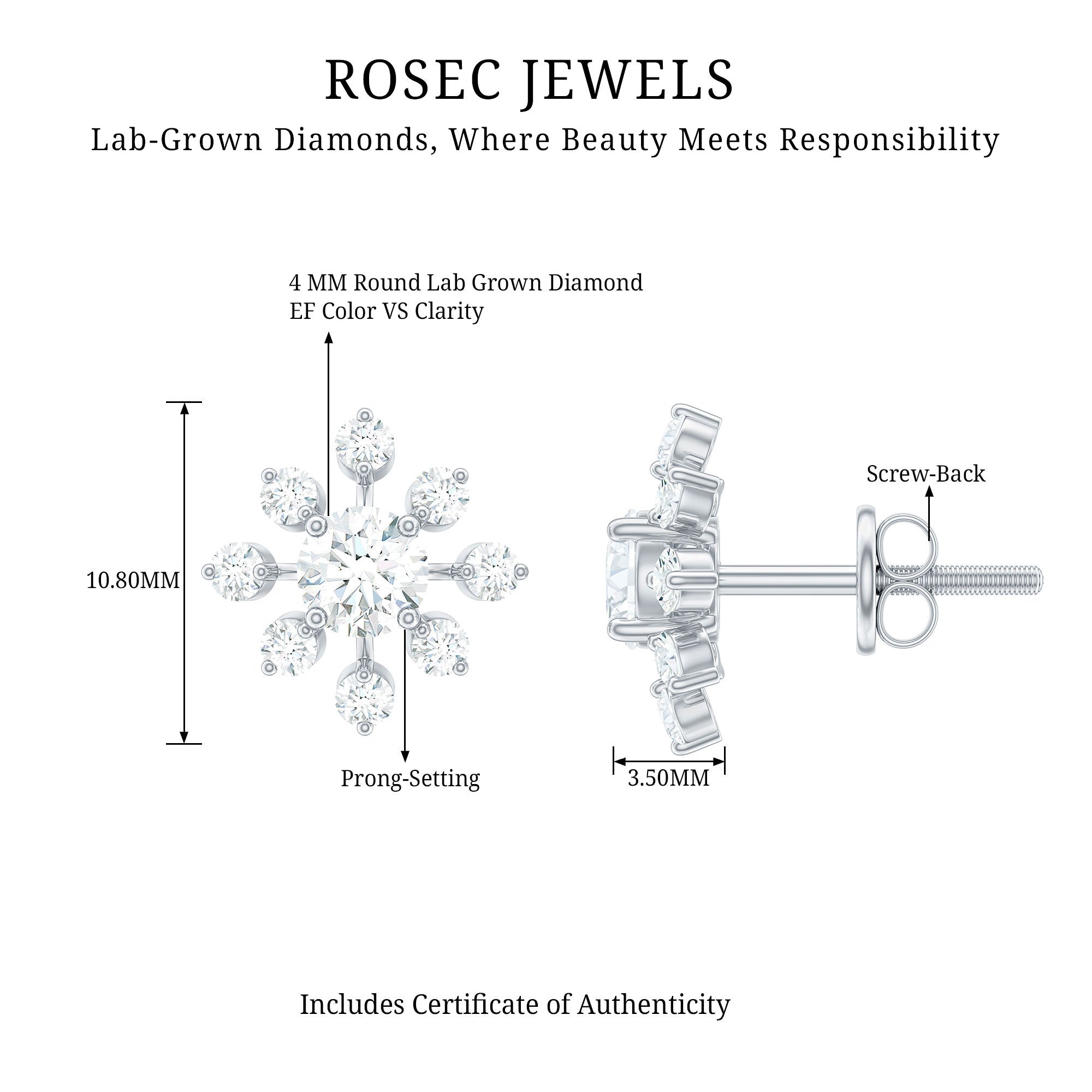 Rosec Jewels-Certified Lab Grown Diamond Snowflake Stud Earrings