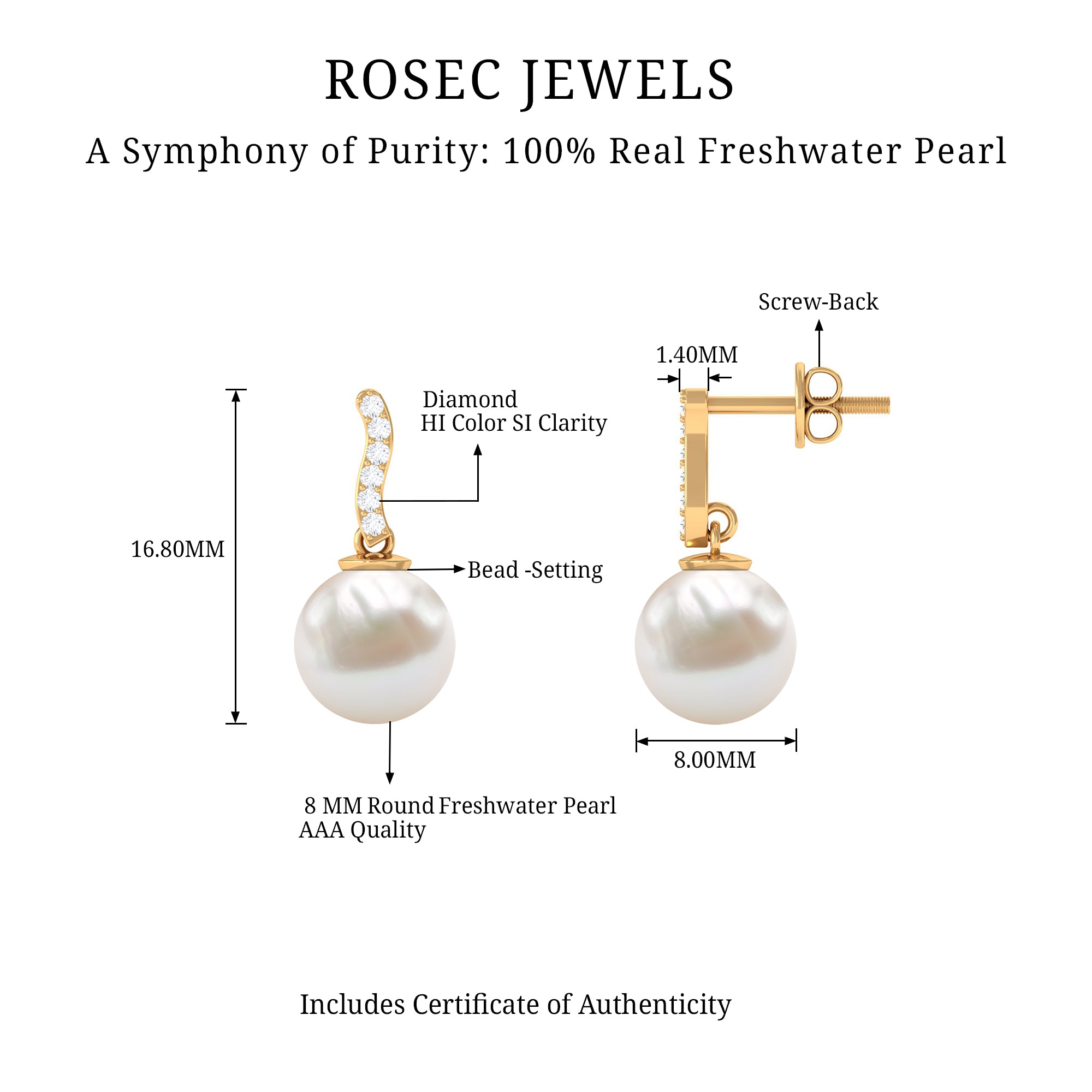 Rosec Jewels-8 MM Freshwater Pearl Drop and Curved Diamond Bar Earring