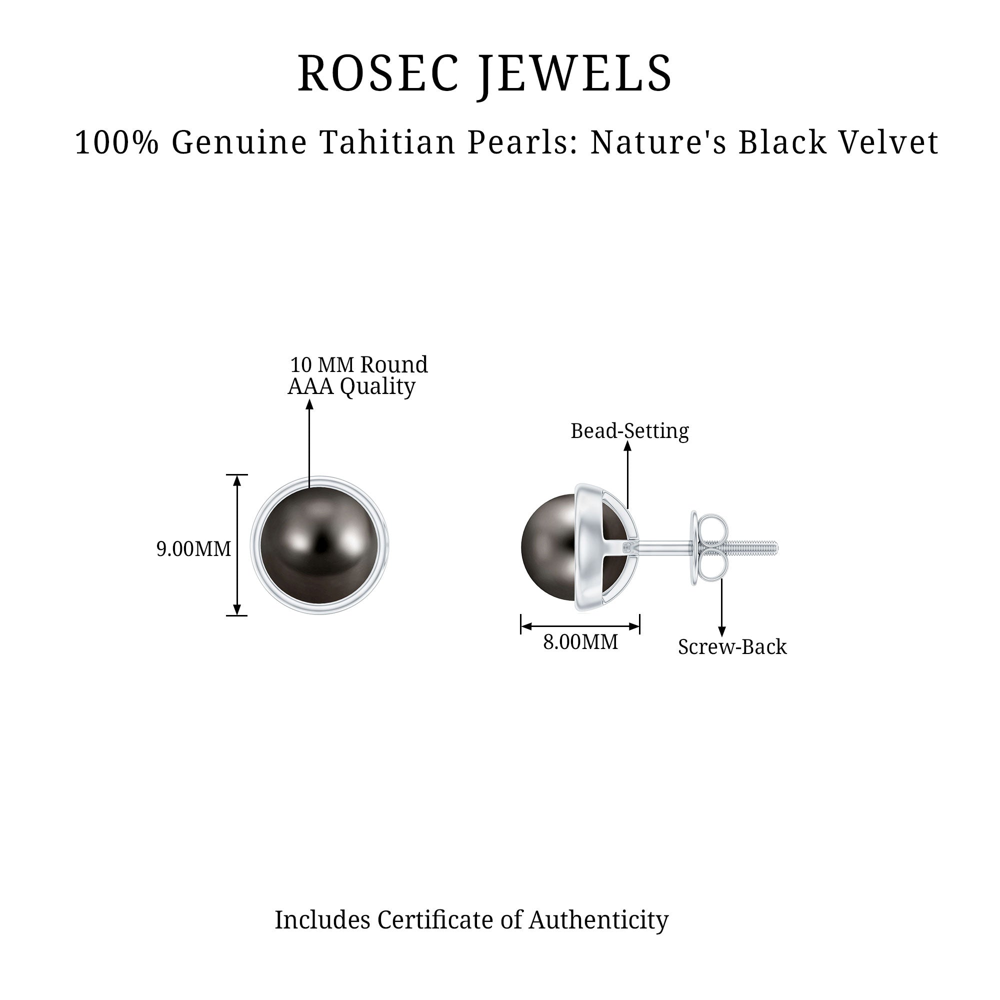 Rosec Jewels-9 MM Round Cut Tahitian Pearl Solitaire Stud EarRing in Bezel Setting