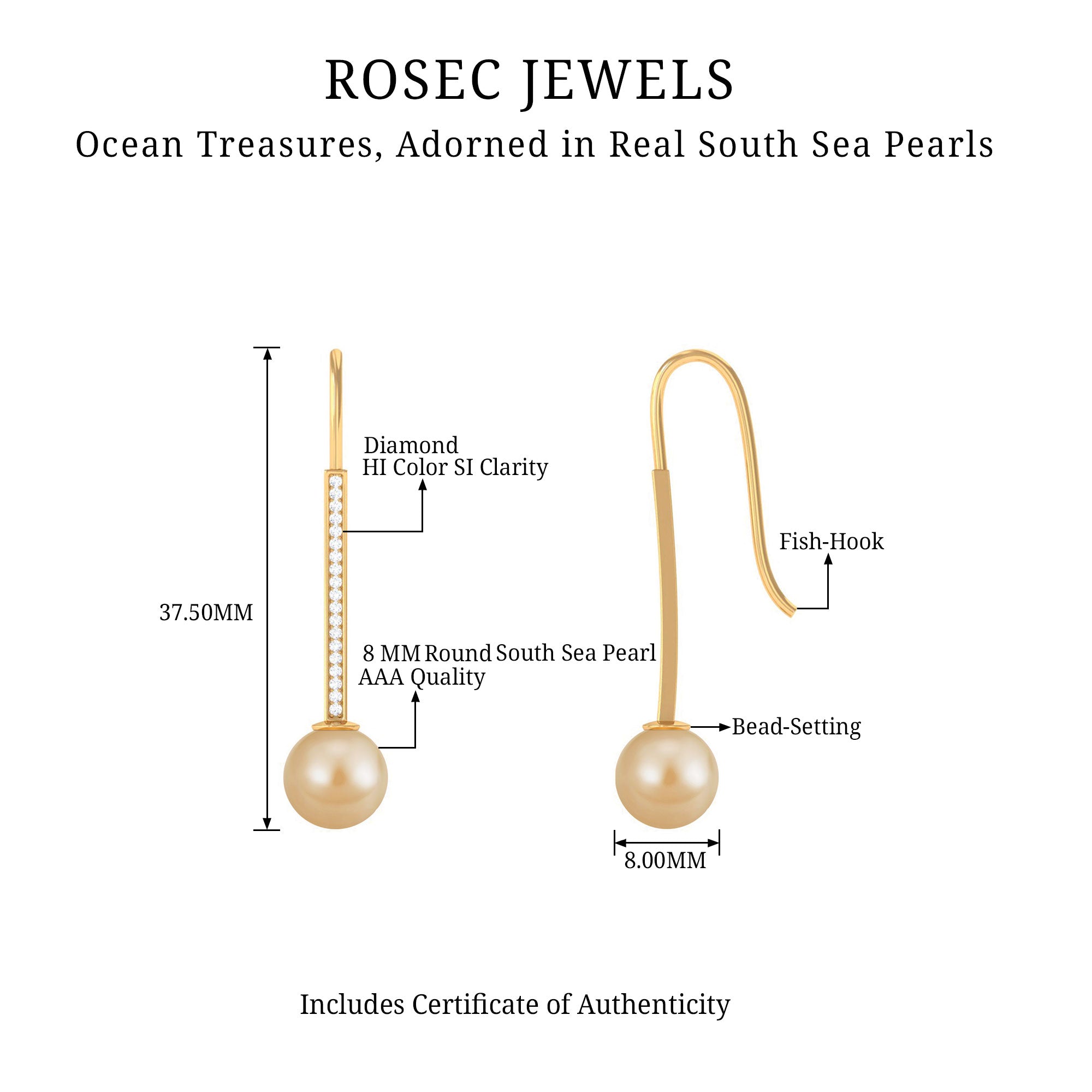 Rosec Jewels-South Sea Pearl and Diamond Drop Earring with Fish Hook Closure