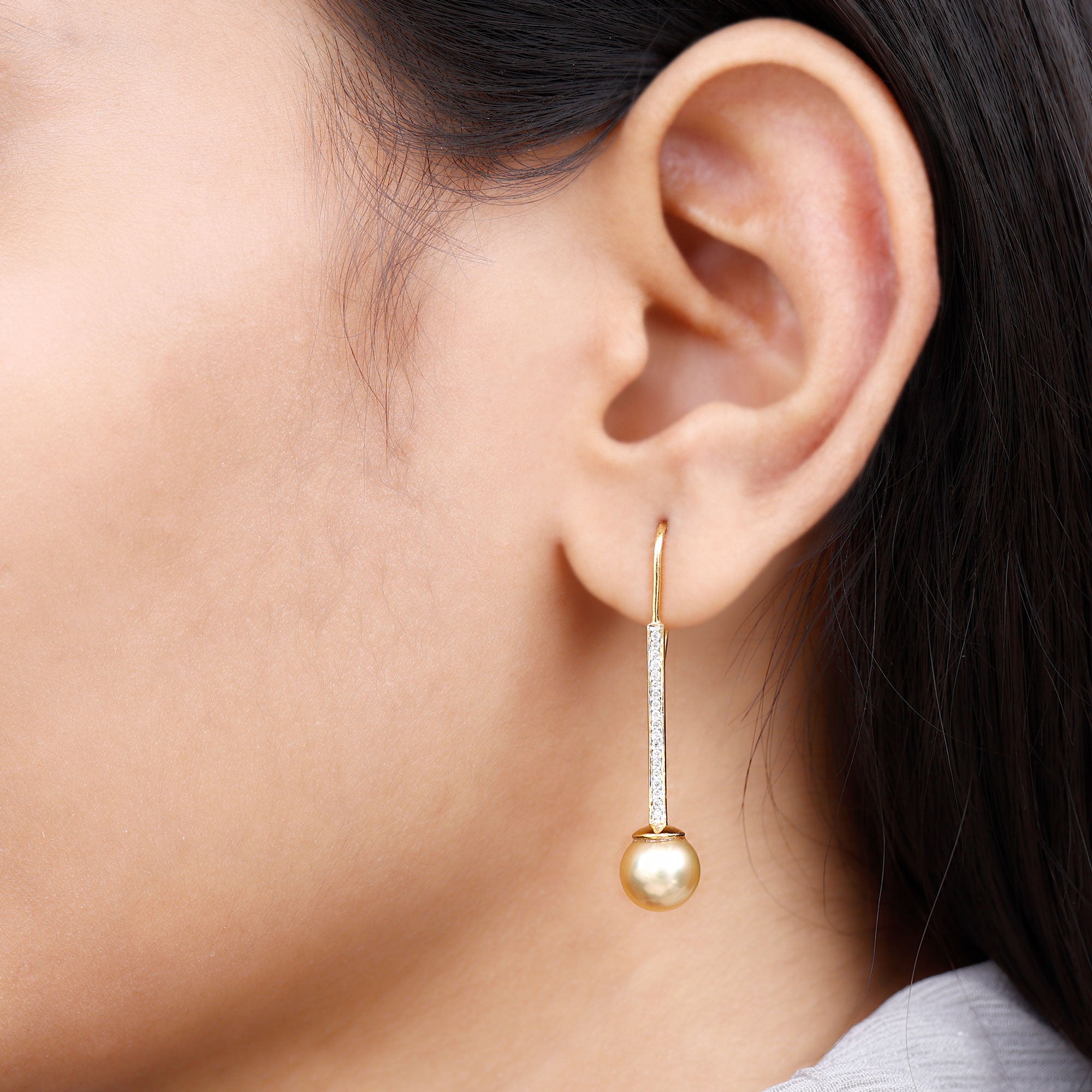 Rosec Jewels-South Sea Pearl and Diamond Drop Earring with Fish Hook Closure