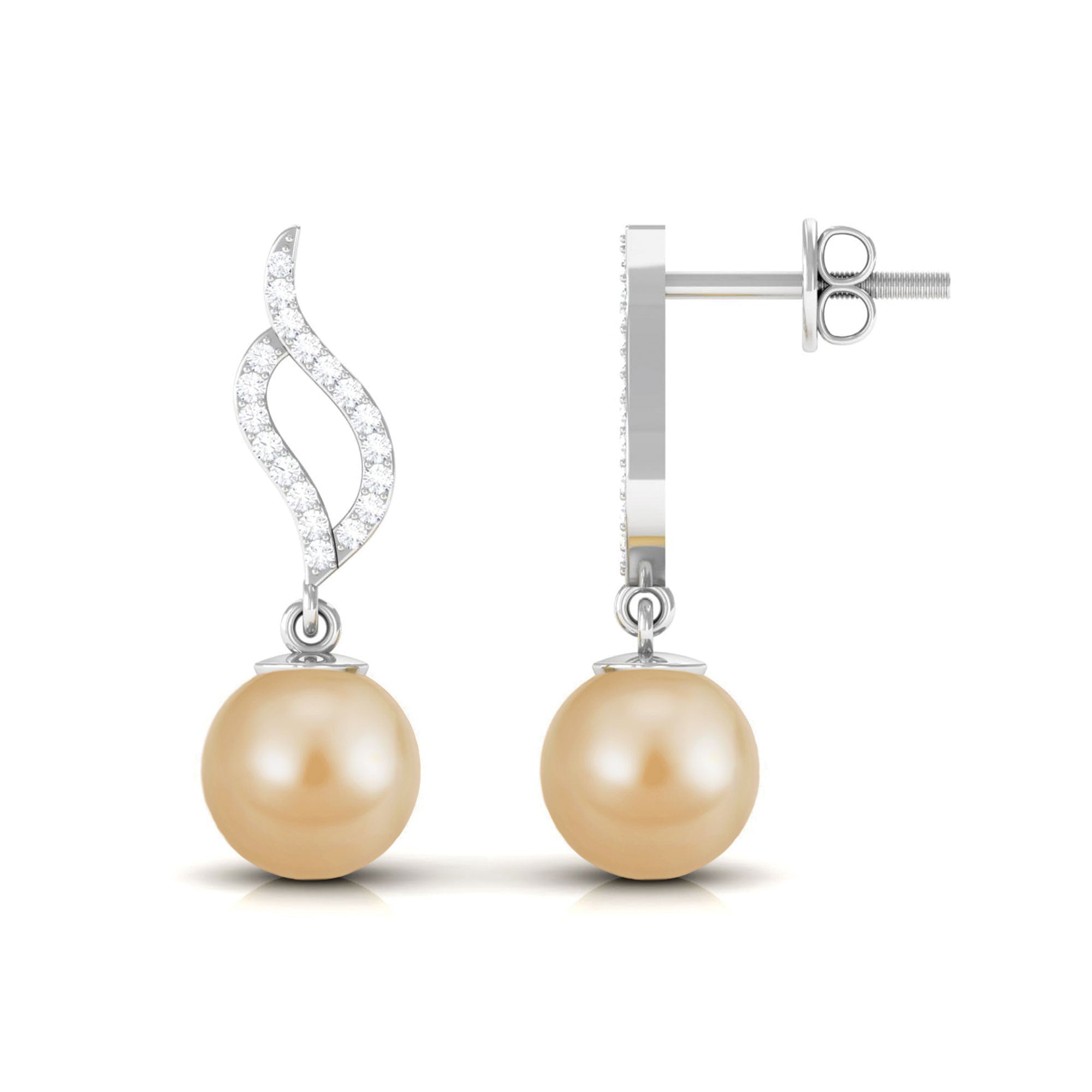 7 MM Elegant South Sea Pearl and Diamond Drop Earrings South Sea Pearl - ( AAA ) - Quality - Rosec Jewels