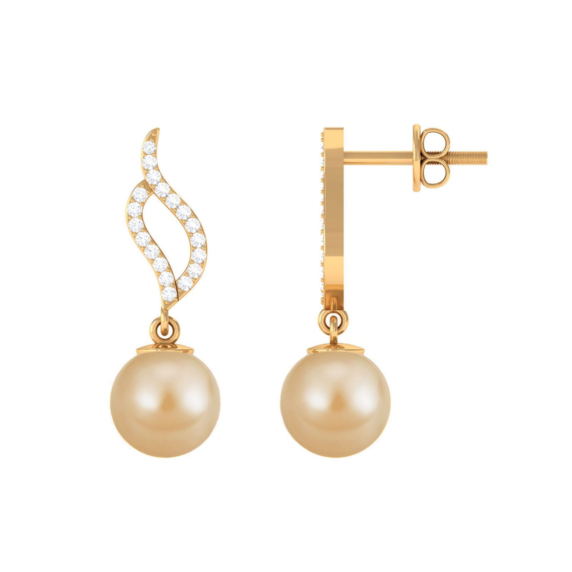 Rosec Jewels-7 MM Elegant South Sea Pearl and Diamond Drop Earrings