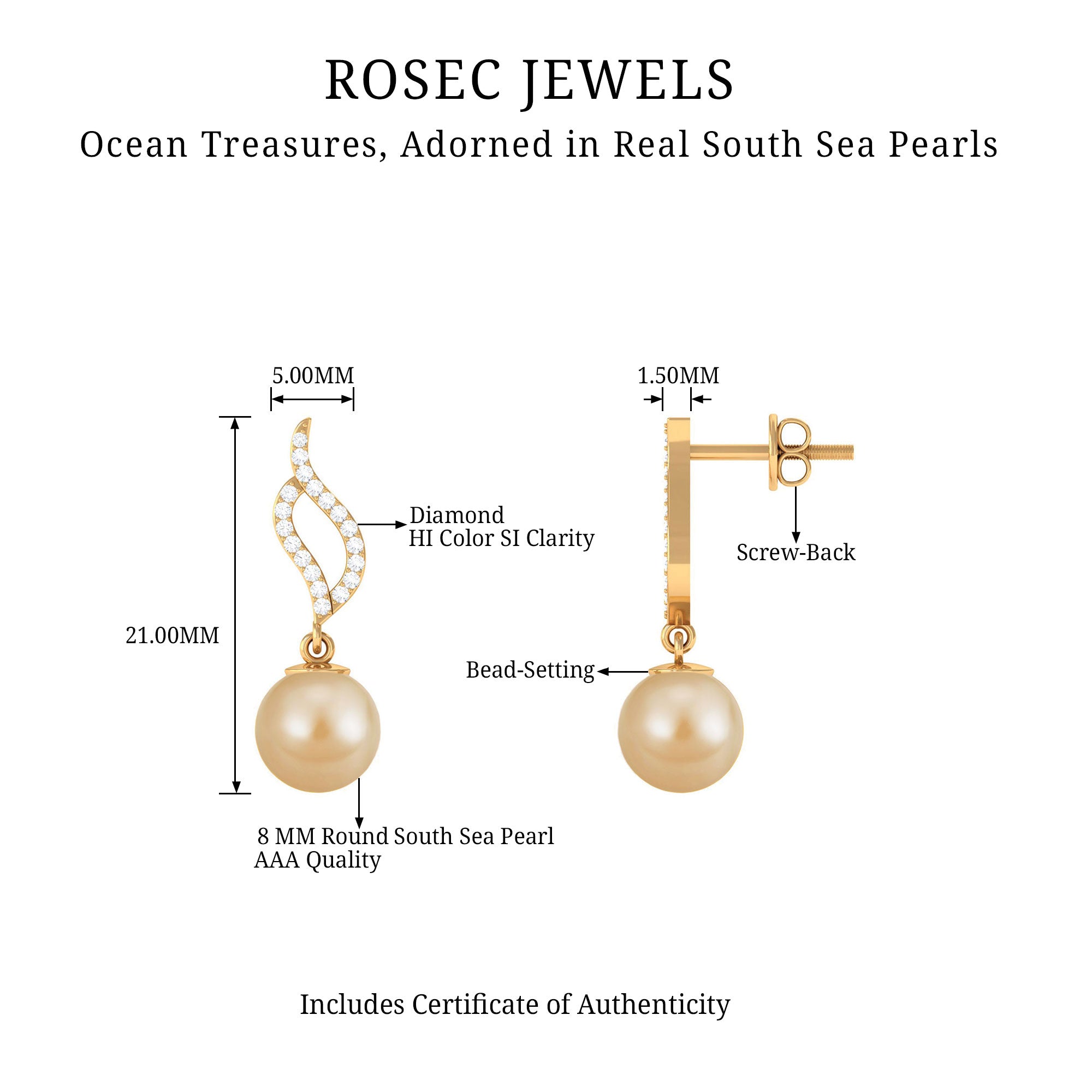 Rosec Jewels-7 MM Elegant South Sea Pearl and Diamond Drop Earrings