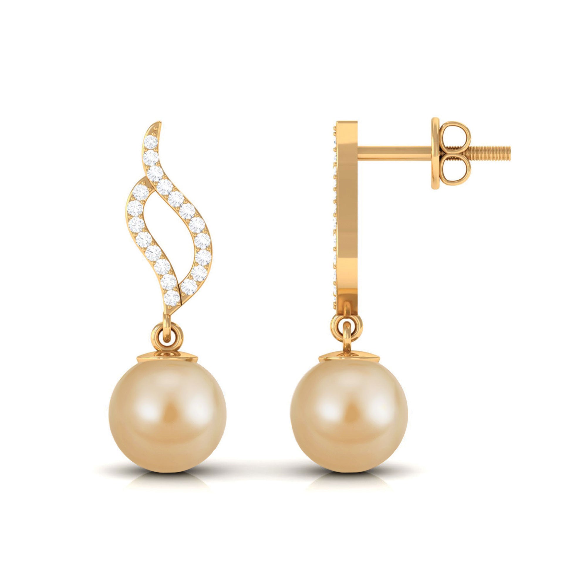 Rosec Jewels-7 MM Elegant South Sea Pearl and Diamond Drop Earrings