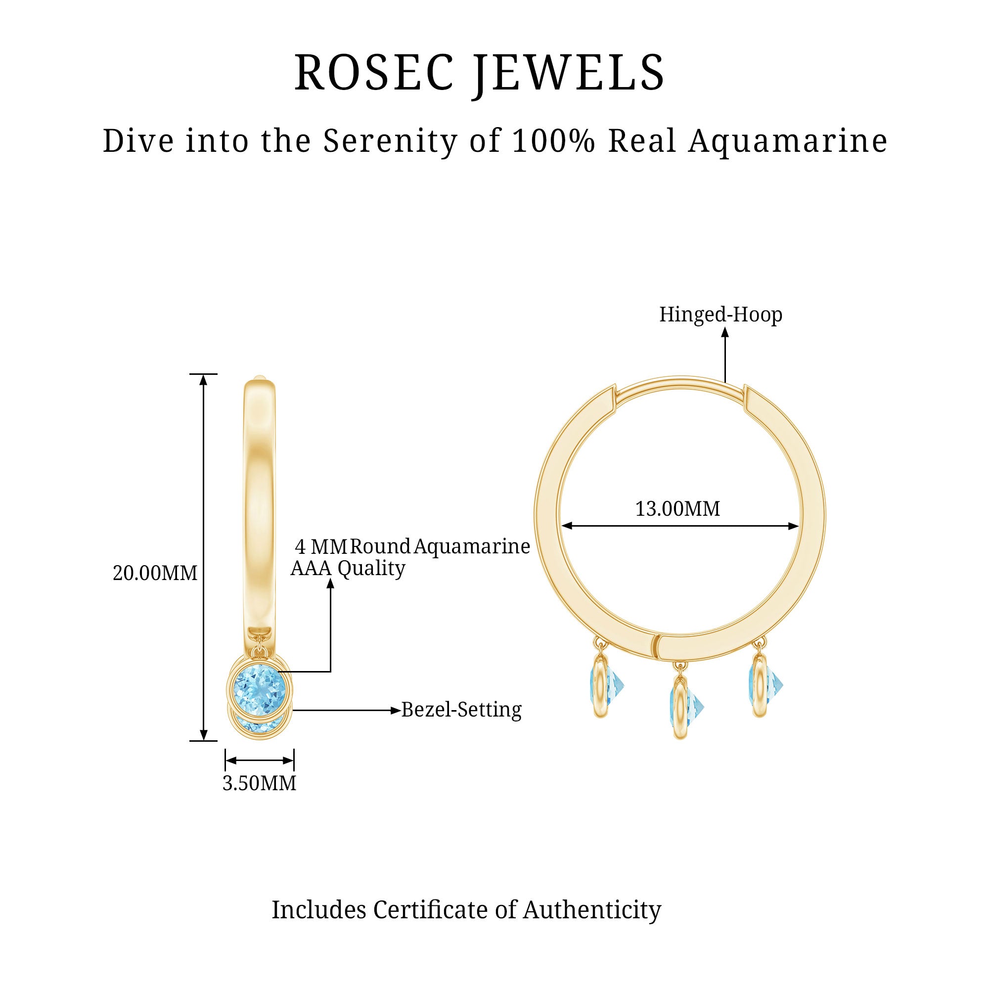 Three Stone Aquamarine Gold Hoop Earring in Bezel Setting Aquamarine - ( AAA ) - Quality - Rosec Jewels