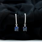 Oval Created Blue Sapphire Silver Hoop Drop Earrings with Moissanite Lab Created Blue Sapphire - ( AAAA ) - Quality 92.5 Sterling Silver - Rosec Jewels