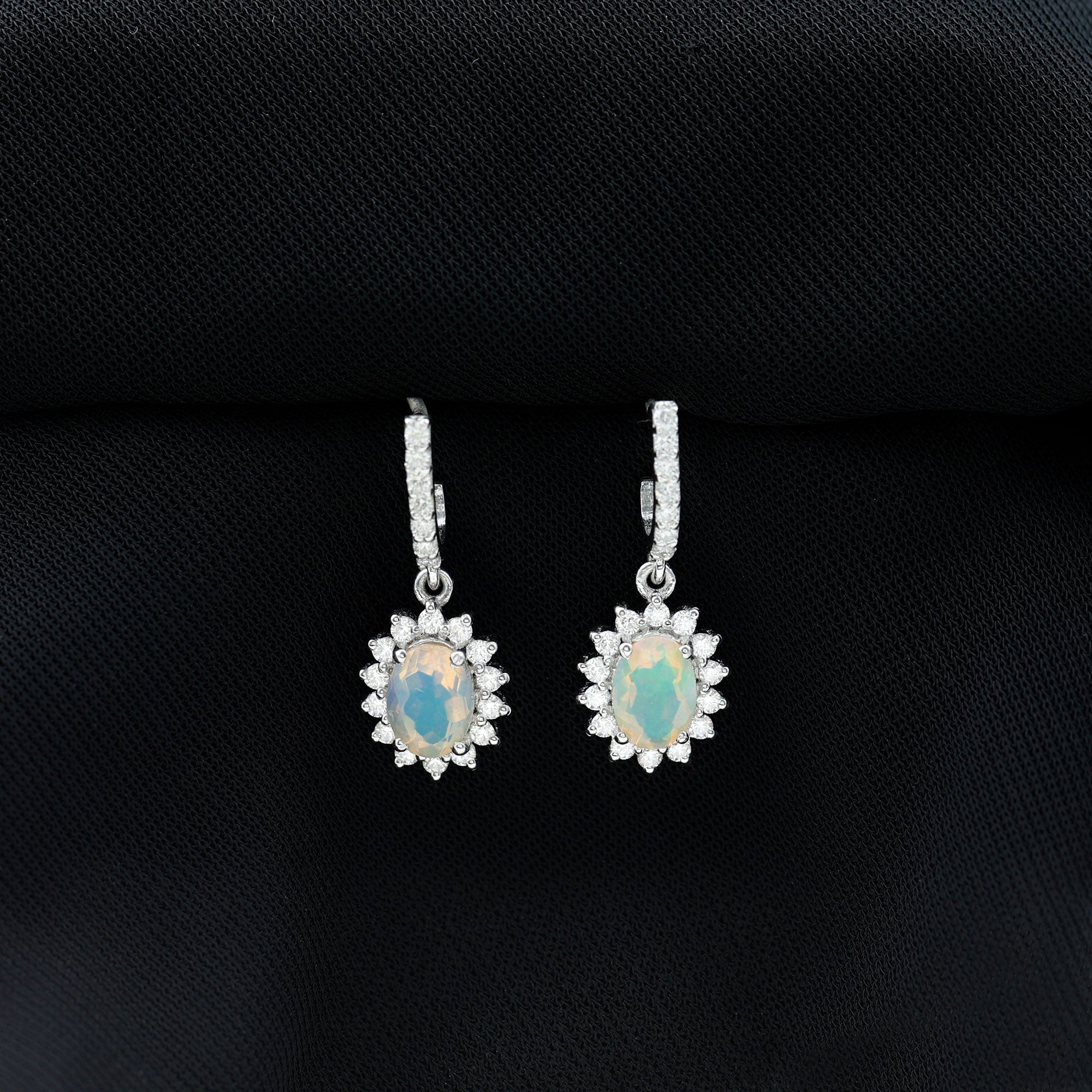 2.75 CT Oval Ethiopian Opal and Moissanite Silver Sunburst J Hoop Drop Earrings - Rosec Jewels