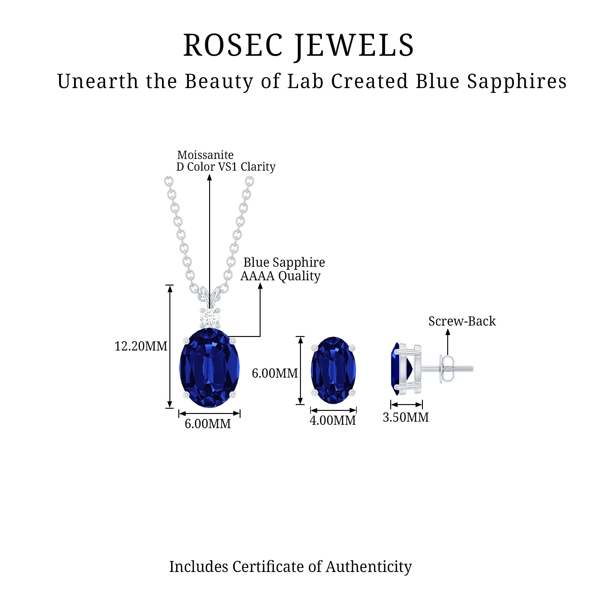 Oval Created Blue Sapphire Solitaire Jewelry Set with Moissanite Lab Created Blue Sapphire - ( AAAA ) - Quality - Rosec Jewels