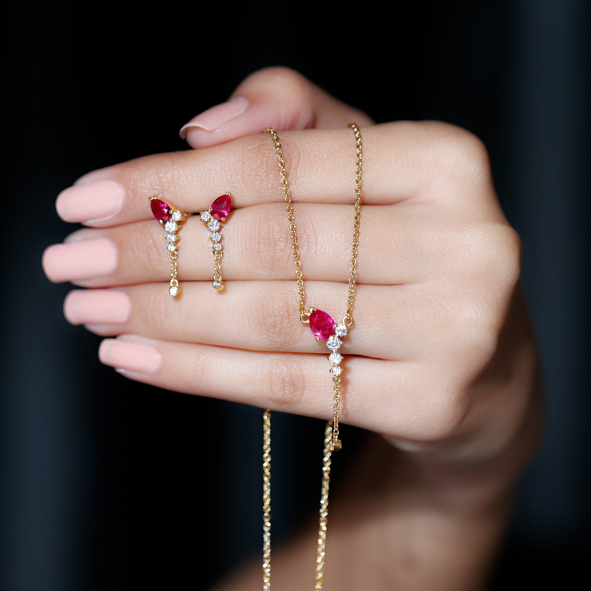 Minimal Created Ruby Dangle Necklace and Earrings Set in Gold with Moissanite Lab Created Ruby - ( AAAA ) - Quality - Rosec Jewels