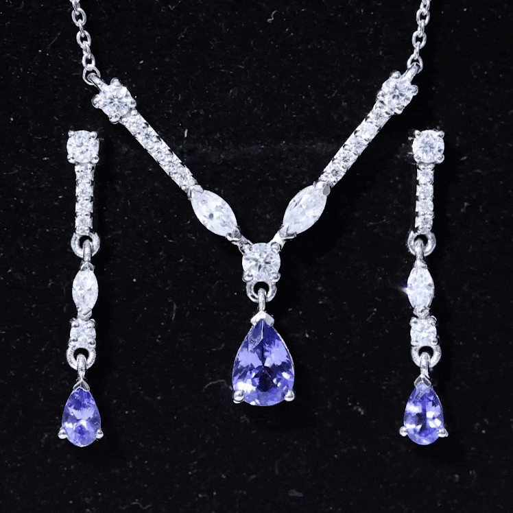 Tanzanite and Moissanite Drop Necklace Earrings Set Tanzanite - ( AAA ) - Quality - Rosec Jewels