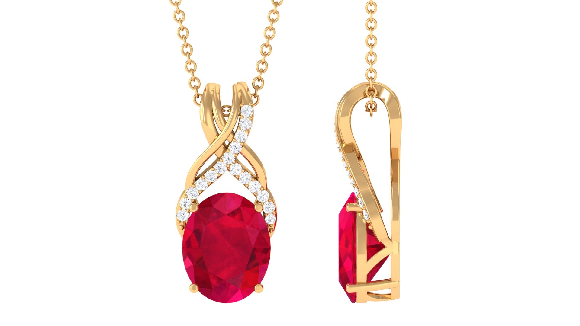 Designer Oval Created Ruby Solitaire Pendant with Diamond Twisted Bail Lab Created Ruby - ( AAAA ) - Quality - Rosec Jewels