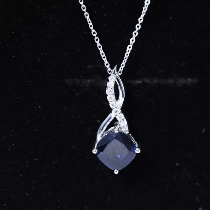Cushion Cut Created Blue Sapphire Solitaire Silver Infinity Pendant with Moissanite - Rosec Jewels