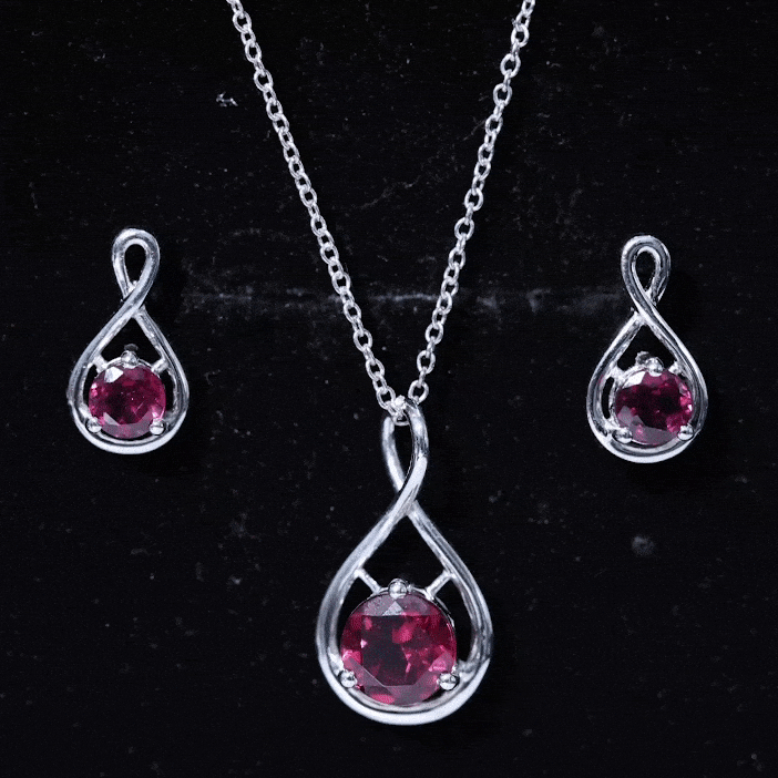 Rhodolite Solitaire and Gold Infinity Earrings and Pendant Set Rhodolite - ( AAA ) - Quality - Rosec Jewels