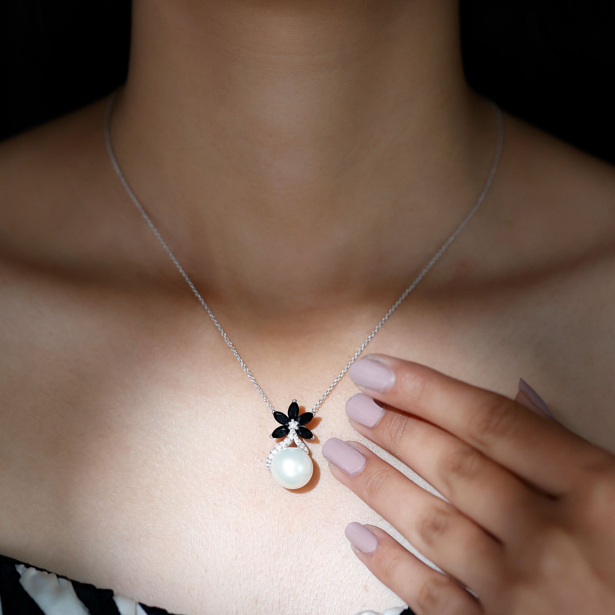 Floral Inspired Freshwater Pearl and Black Onyx Silver Pendant with Moissanite Accent - Rosec Jewels