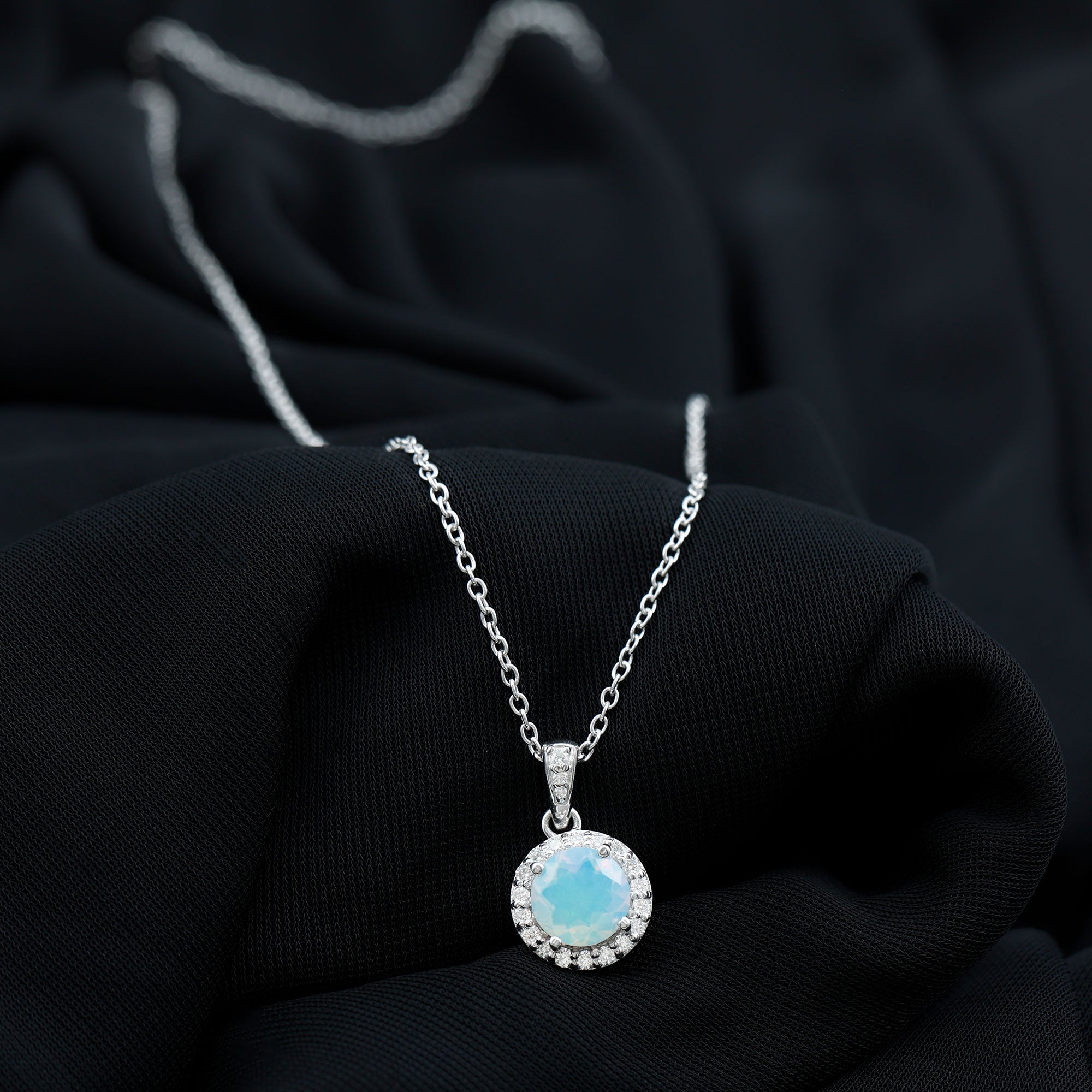 Real Ethiopian Opal and Moissanite Halo Pendant Necklace in Silver - Rosec Jewels